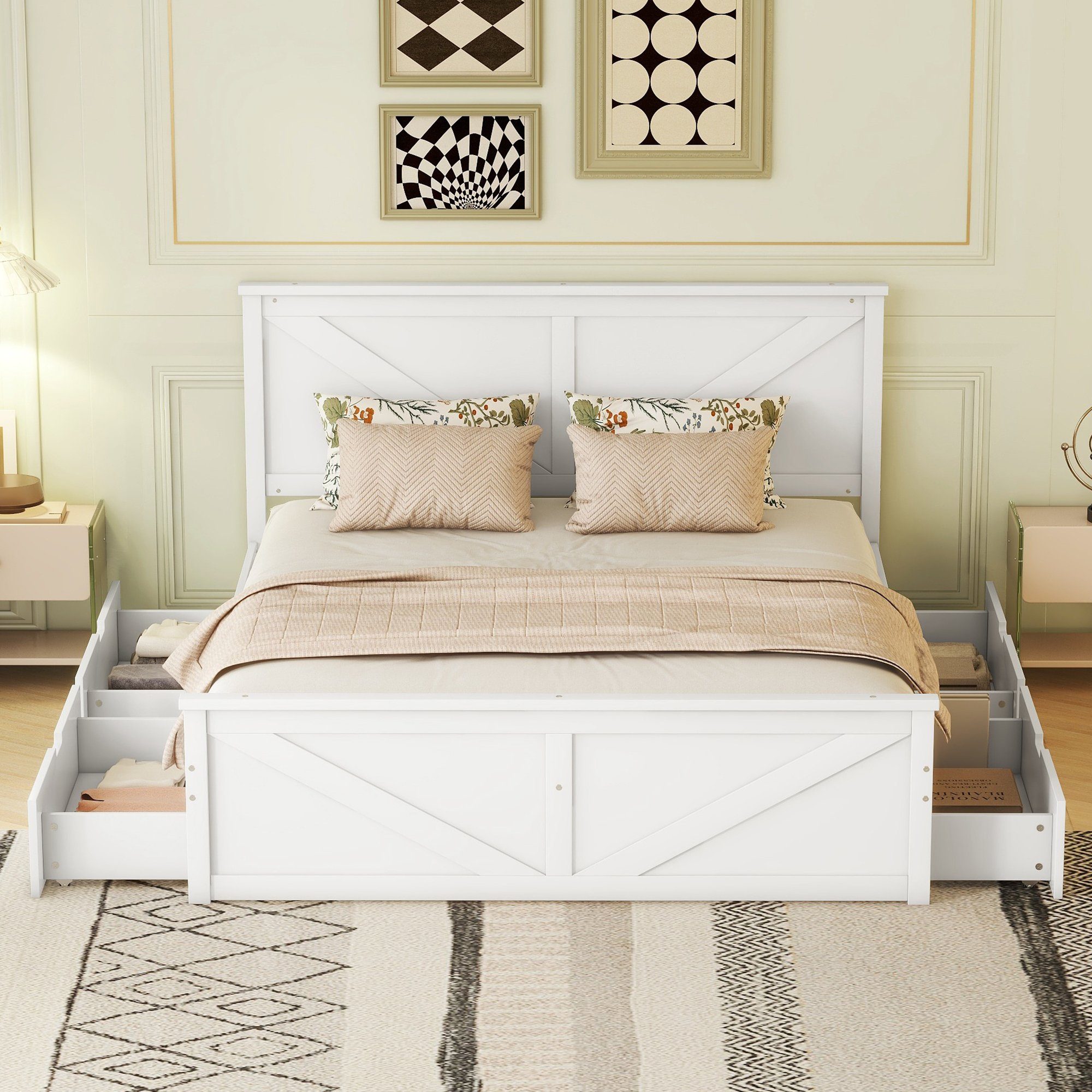 SOFTWEARY Massivholzbett Doppelbett mit Lattenrost, cm), Kopfteil Holzbett Kiefer Schubladen weiß aus (160x200 4 und