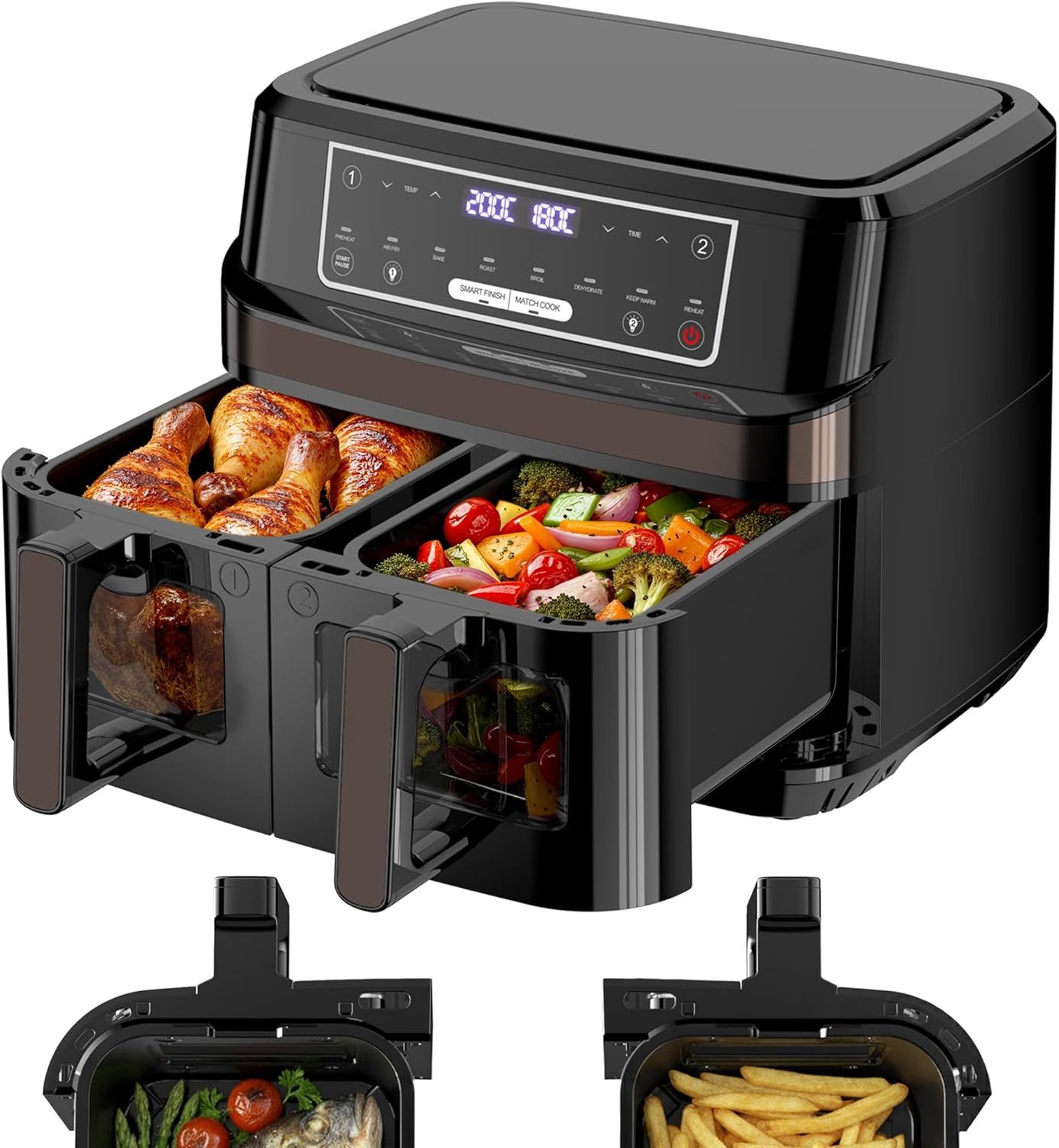 GIDGIMO Heißluftfritteuse 2 Kammern, 10L Air Fryer mit Sichtfenster Zweizonen Temperatur Separat Regeln, 2600 W, Heissluftfritteuse Doppelkammer Touch-Steuerung Bis 200℃