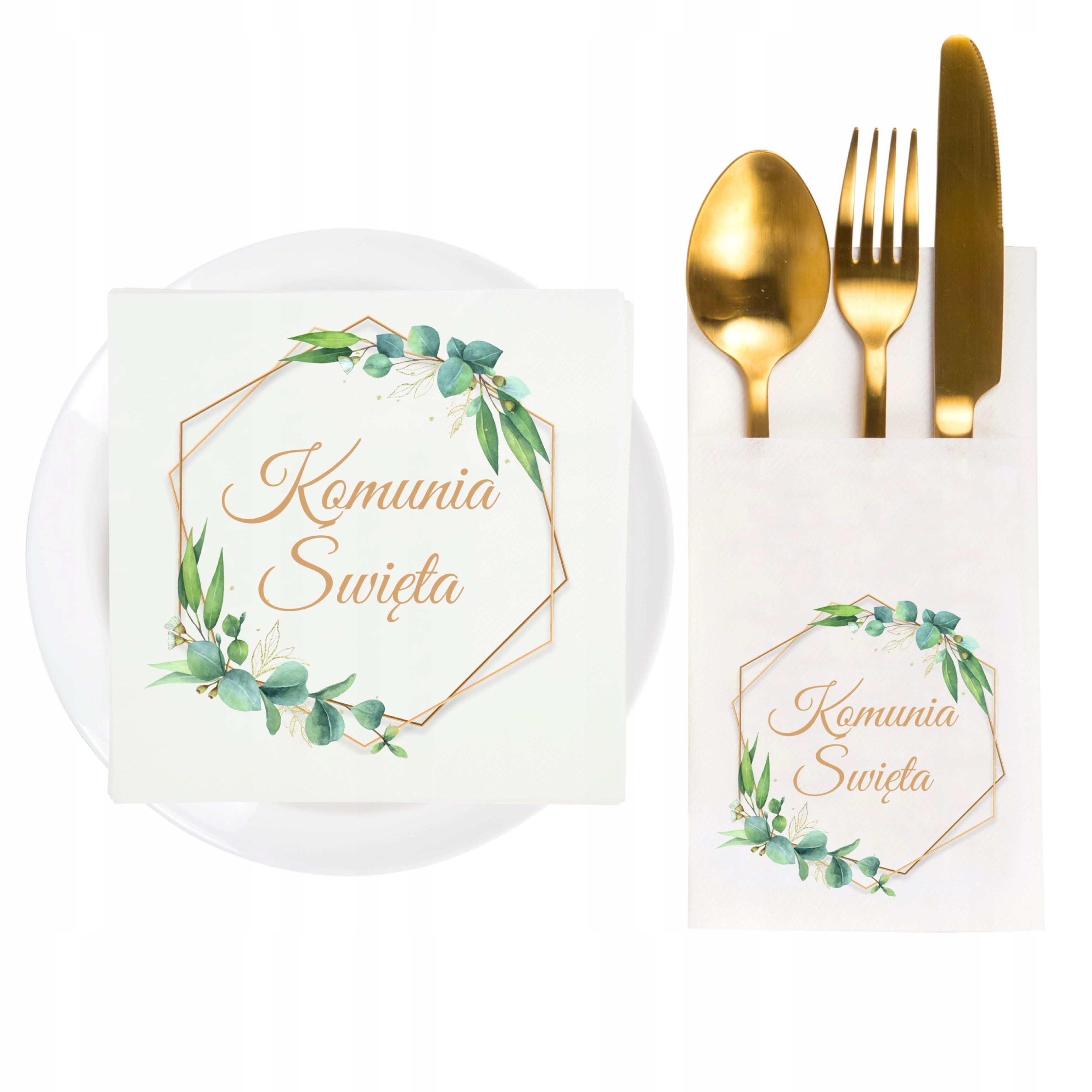 Festivalartikel Kommunionskarte Kommunion Deko Servietten & Bestecktaschen Weiß Gold Set