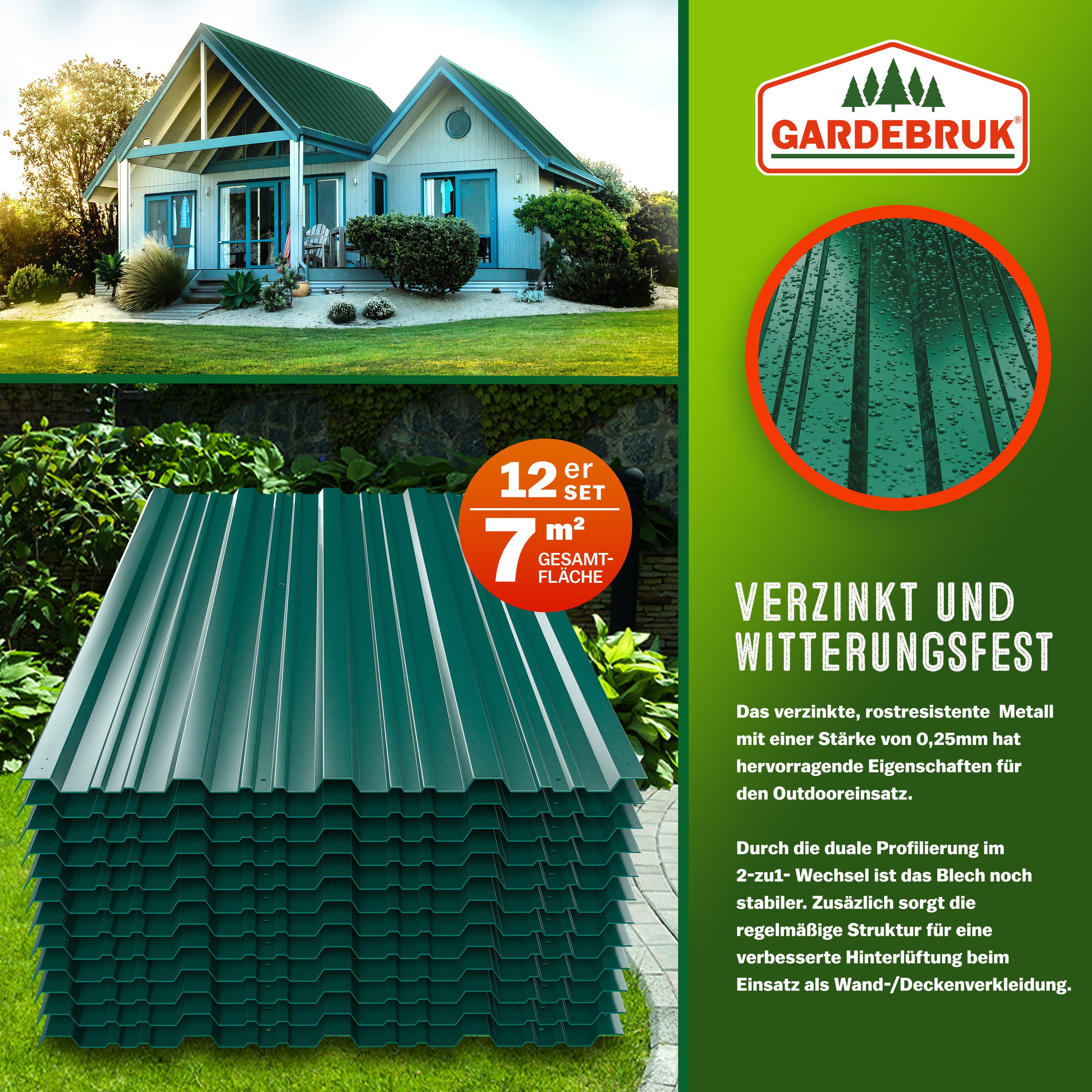 Gardebruk Wellplatte, 12x Trapezblech 129cm x 46cm = 7m² verzinkt Profilblech Dachblech