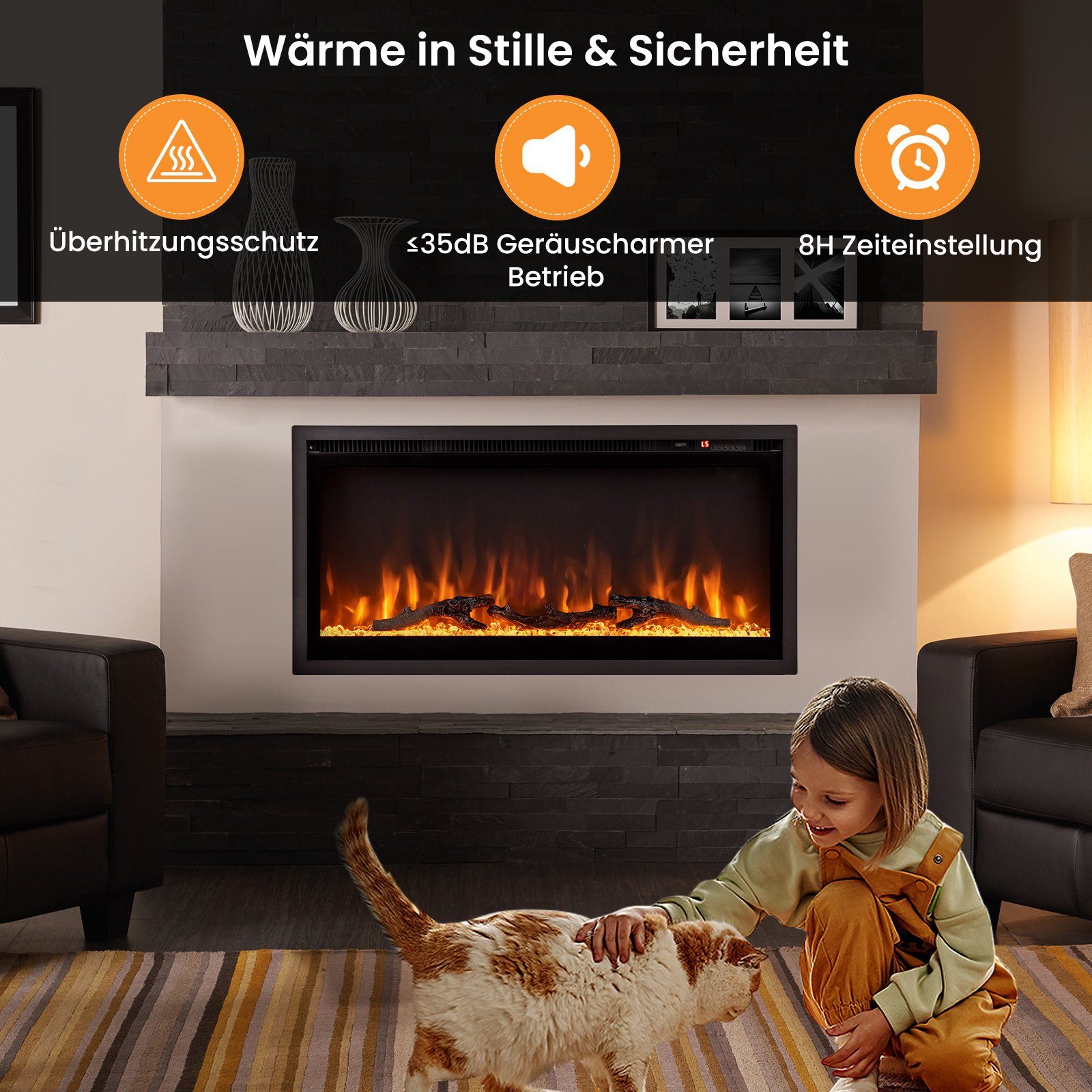 COSTWAY Elektrokamin, 750W/1500W, für 36", 9 Flammenfarbe, 5 Helligkeitsstufe
