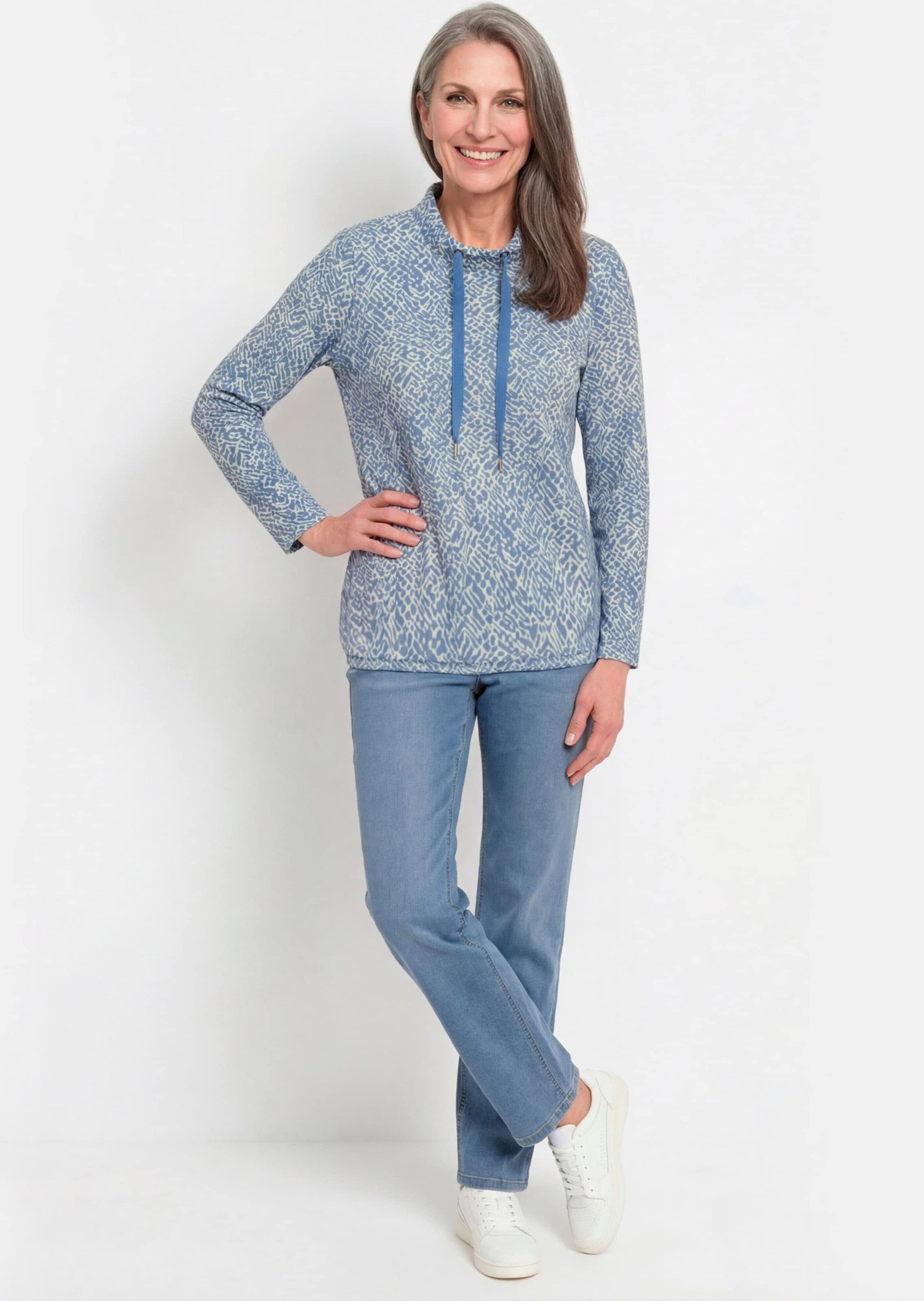 GOLDNER Sweatshirt Sweater mit grafischem Druck Flauschiges Sweatshirt mit Stehkragen, Kordelstoppern und Gummizug