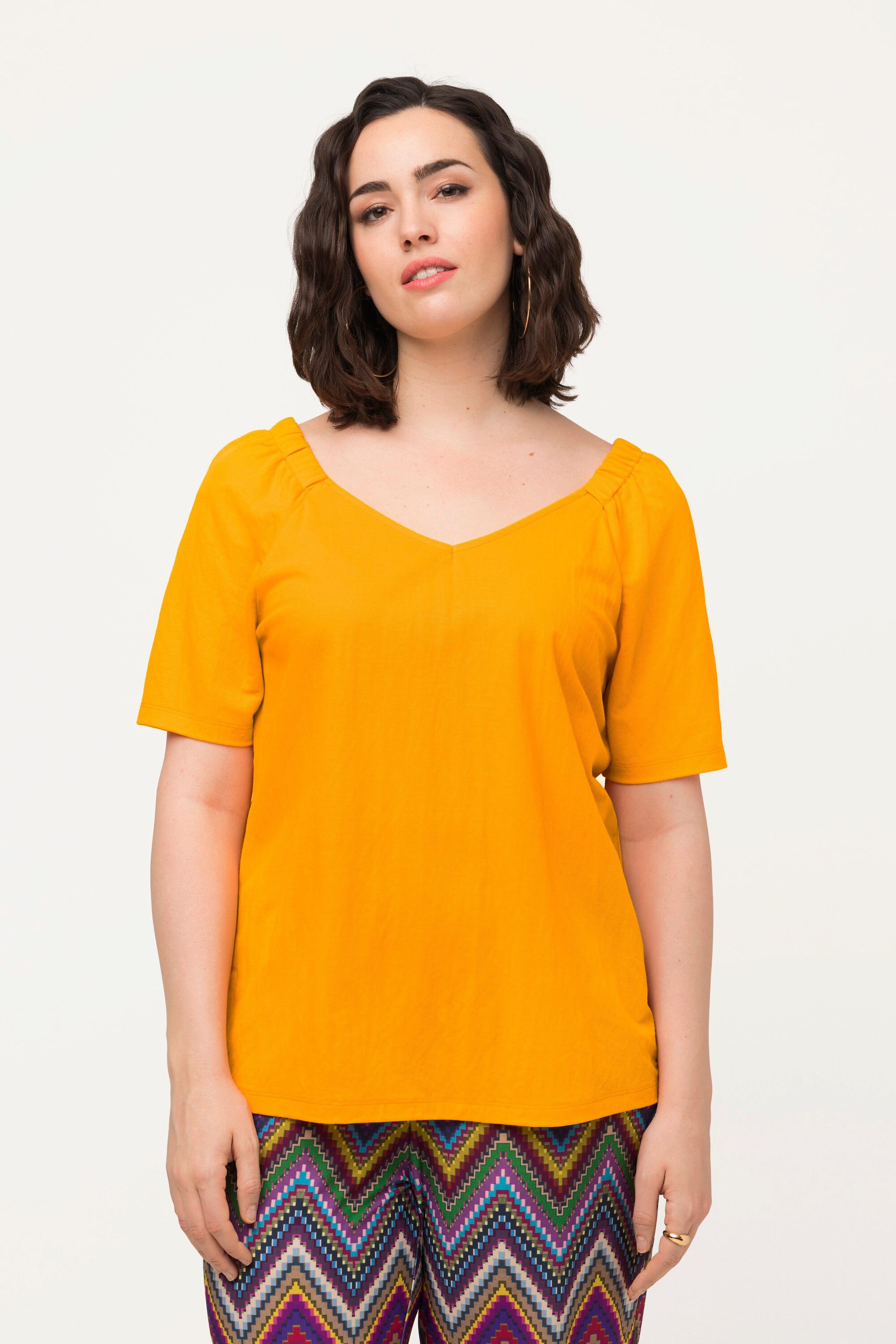 T-Shirt Shirtbluse Kräuselungen V-Ausschnitt Halbarm