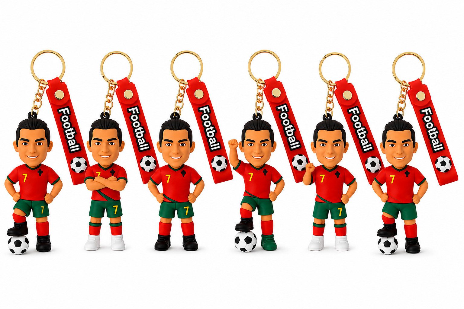 GOLDIA GMBH Schlüsselanhänger Fußball Anhänger Ronaldo Bagclip PVC Figur mit Band – 1 von 6 Designs (Set, 1-tlg., Geschenk-Set), 1 Schlüsselanhänger zufällig aus 6 verschiedenen Fußball-Designs