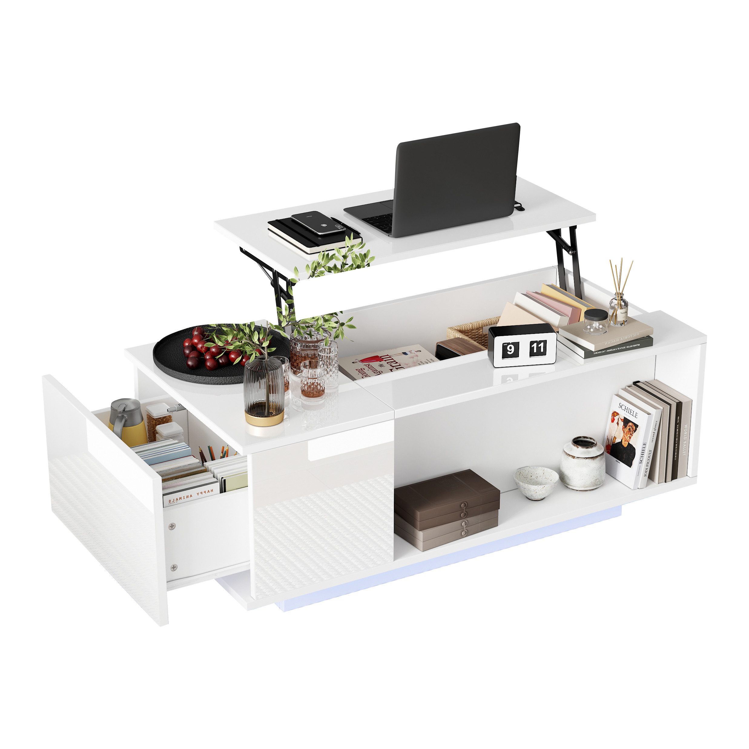 Merax Couchtisch hochglanz höhenverstellbarer Wohnzimmertisch mit LED-Beleuchtung (1-St), Sofatisch mit hydraulischem Lift, verstecktem Stauraum, Schublade