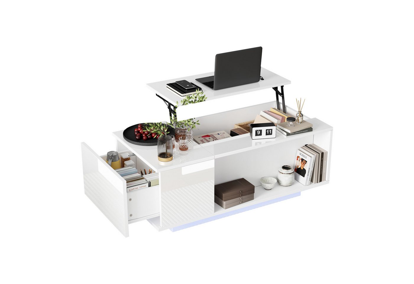 Merax Couchtisch hochglanz höhenverstellbarer Wohnzimmertisch mit LED-Beleuchtung (1-St), Sofatisch mit hydraulischem Lift, verstecktem Stauraum, Schublade