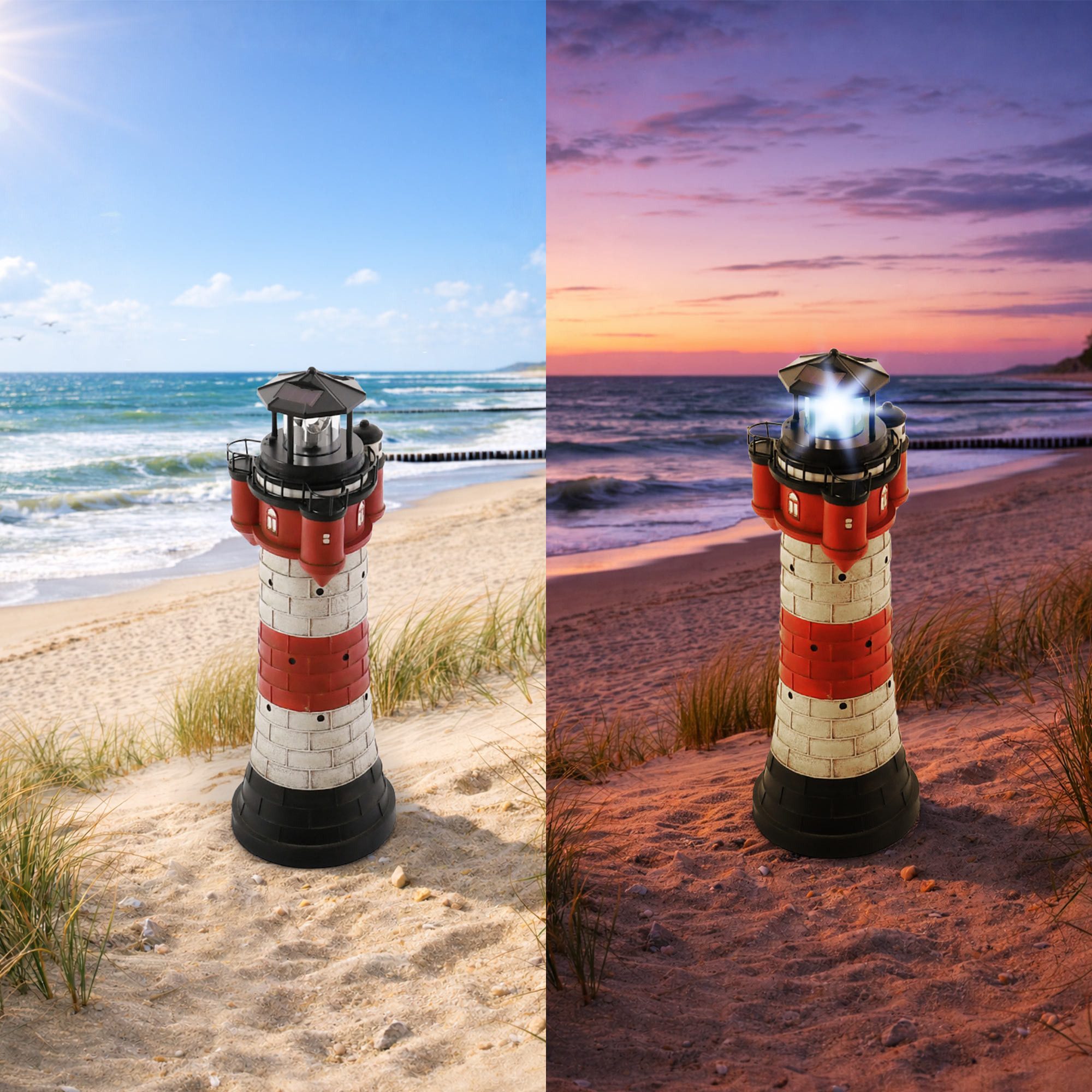 Raburg LED Solarleuchte Garten Leuchtturm Roter Sand mit Dämmerungssensor, rotierender Spiegel, LED, kaltweiß, wechselbare Leuchteinheit, austauschbarer Akku, 2 Solar-Panels