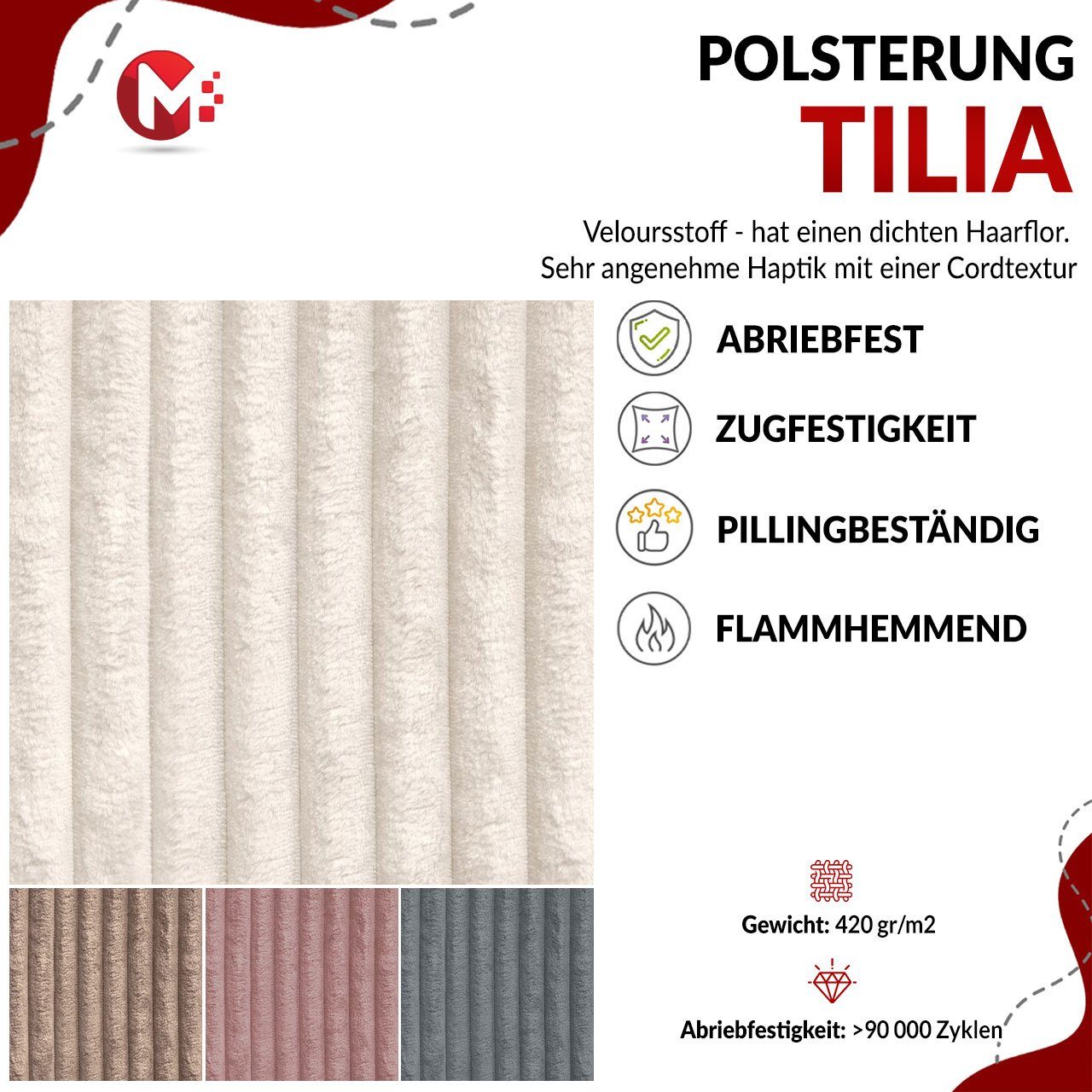 Ecksofa losen Kissen Ecke mit MKS gepolsterte Rosa Cordstoff, Tilia CARDI, dickem mit MÖBEL