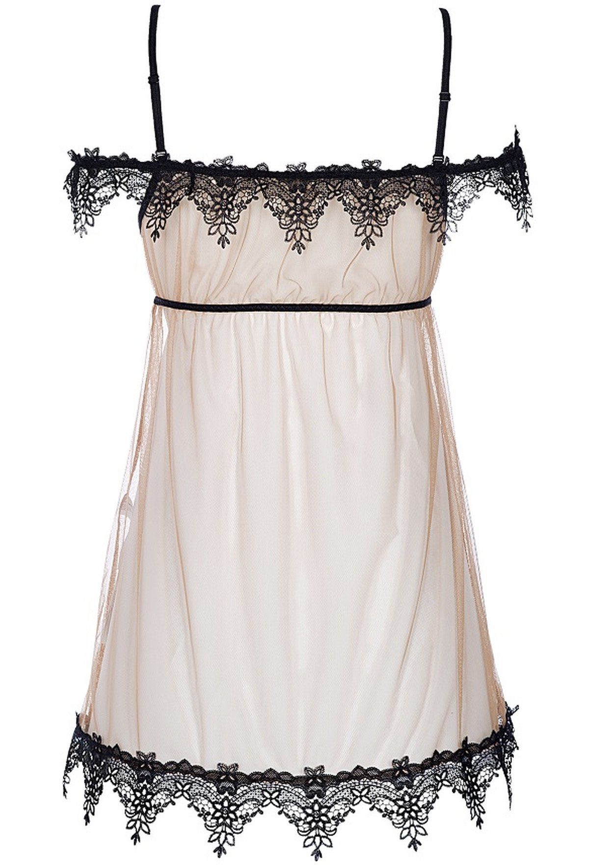 + (2-tlg) Babydoll beige-schwarz Negligé transparent in Axami String Nachthemd