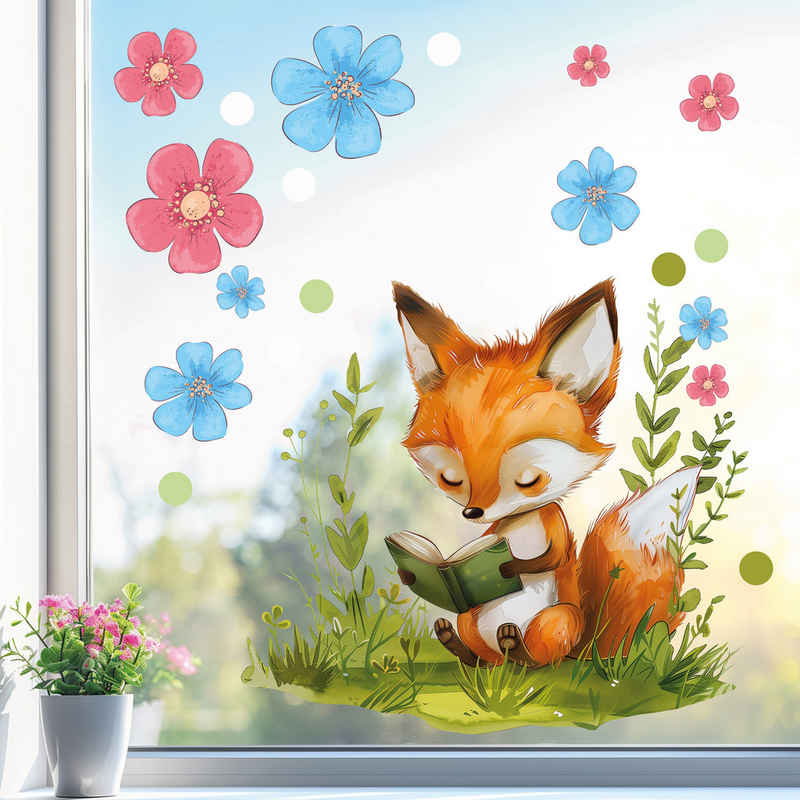 Sunnywall Fensterdekoration wiederverwendbares Fensterbild Buch lesender Fuchs im Blumenmeer, wiederverwendbar, statisch haftend, beidseitiger Druck, nachhaltig