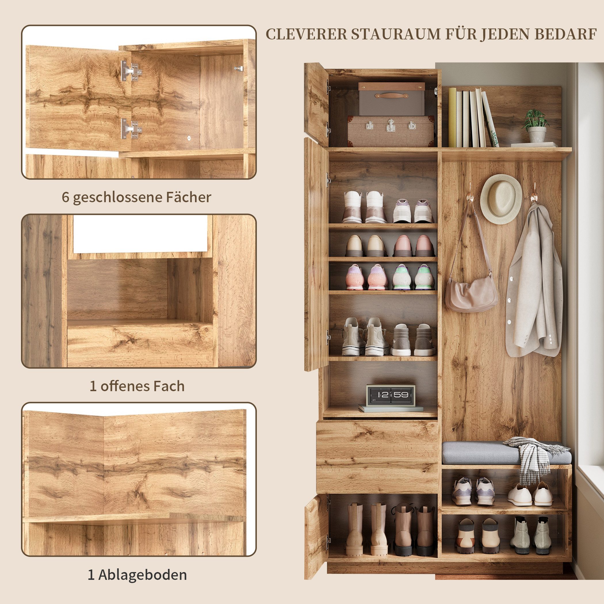 SeedWave Garderobe Garderobenschrank mit Sitzbank, Doppelhaken, Spiegel, Viel Stauraum, Standgarderobe mit geschlossenen & offenen Staufächern
