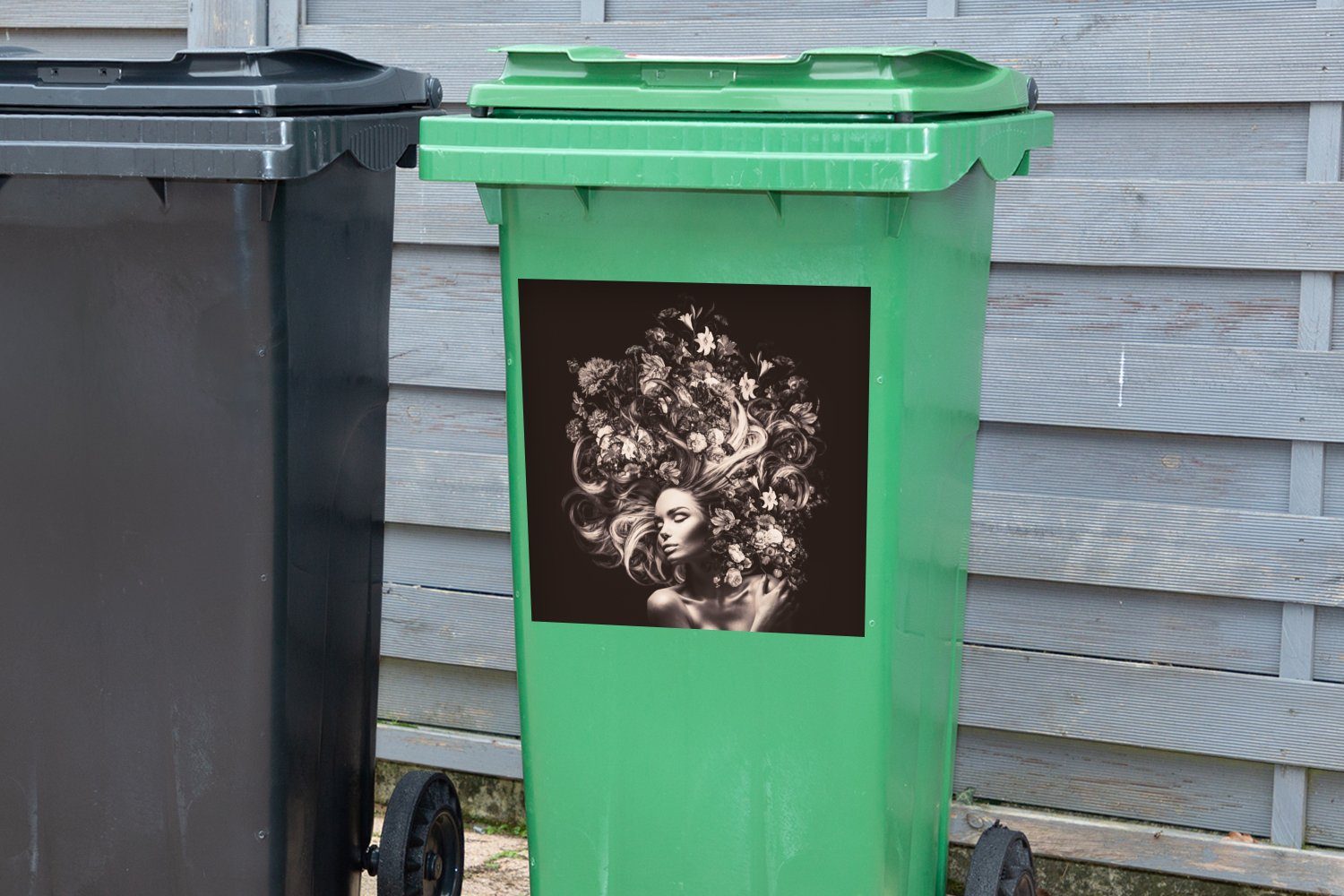 Natur MuchoWow Mülleimer-aufkleber, St), Sticker, Container, - (1 - Frau Blumen Abfalbehälter Mülltonne, Wandsticker
