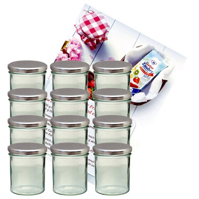 MamboCat Einmachglas 12er Set Sturzglas 350 ml Marmeladenglas Einmachglas Einweckglas To 82 silberner Deckel incl. Diamant-Zucker Gelierzauber Rezeptheft