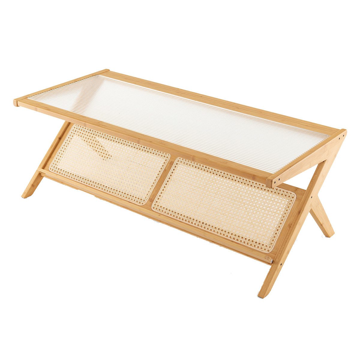 COSTWAY Couchtisch, mit Glastischplatte, Bambus, rechteckig, günstig online kaufen