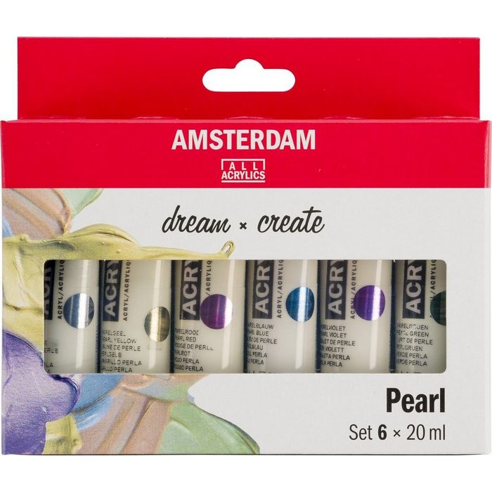 Talens Kreativset AMSTERDAM Acrylfarbe Perlmutt (Pearl) - 6 x 20 ml (6er-Set Perlweiß Perlgelb Perlrot Perlblau Perlviolett Perlgrün)