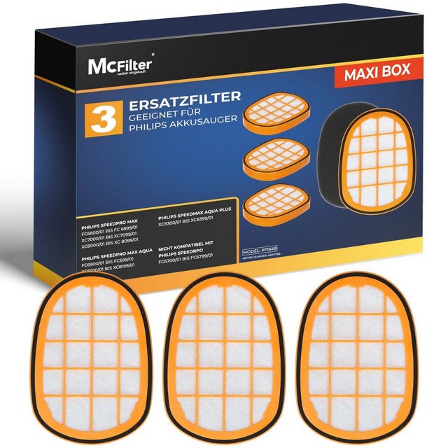 McFilter Abluftfilter 3x Filter Staubsaugerfilter, Zubehör für Philips SpeedPro Max Aqua Plus Staubsauger XC8147, Filter gegen Feinstaub, Alternative für FC5005/01
