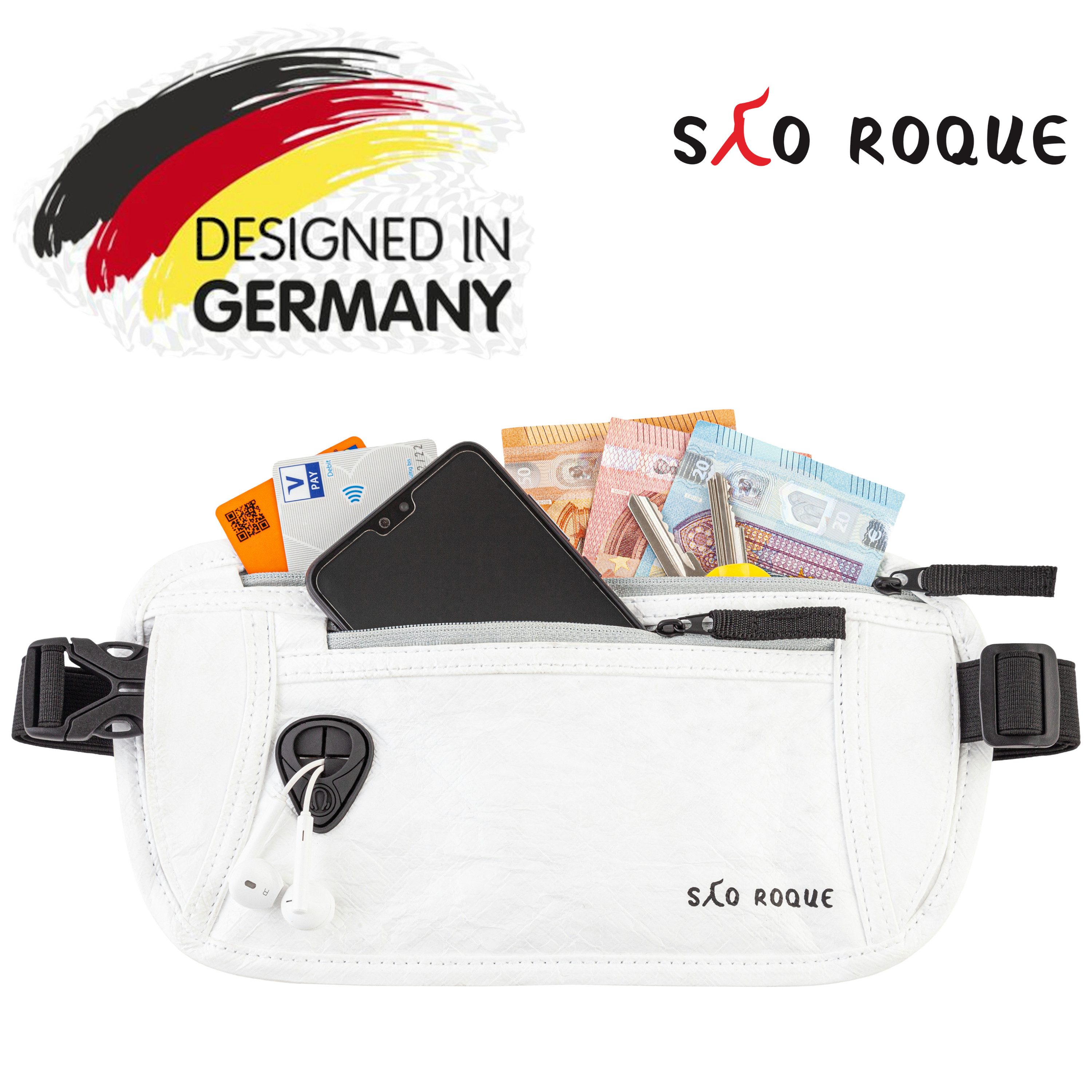 SAO ROQUE Bauchtasche Flache Damen Herren Bauchtasche, Diebstahlsicher RFID Schutz, Vegan, ultraflach, schweiß- und wasserfest, ultraleicht
