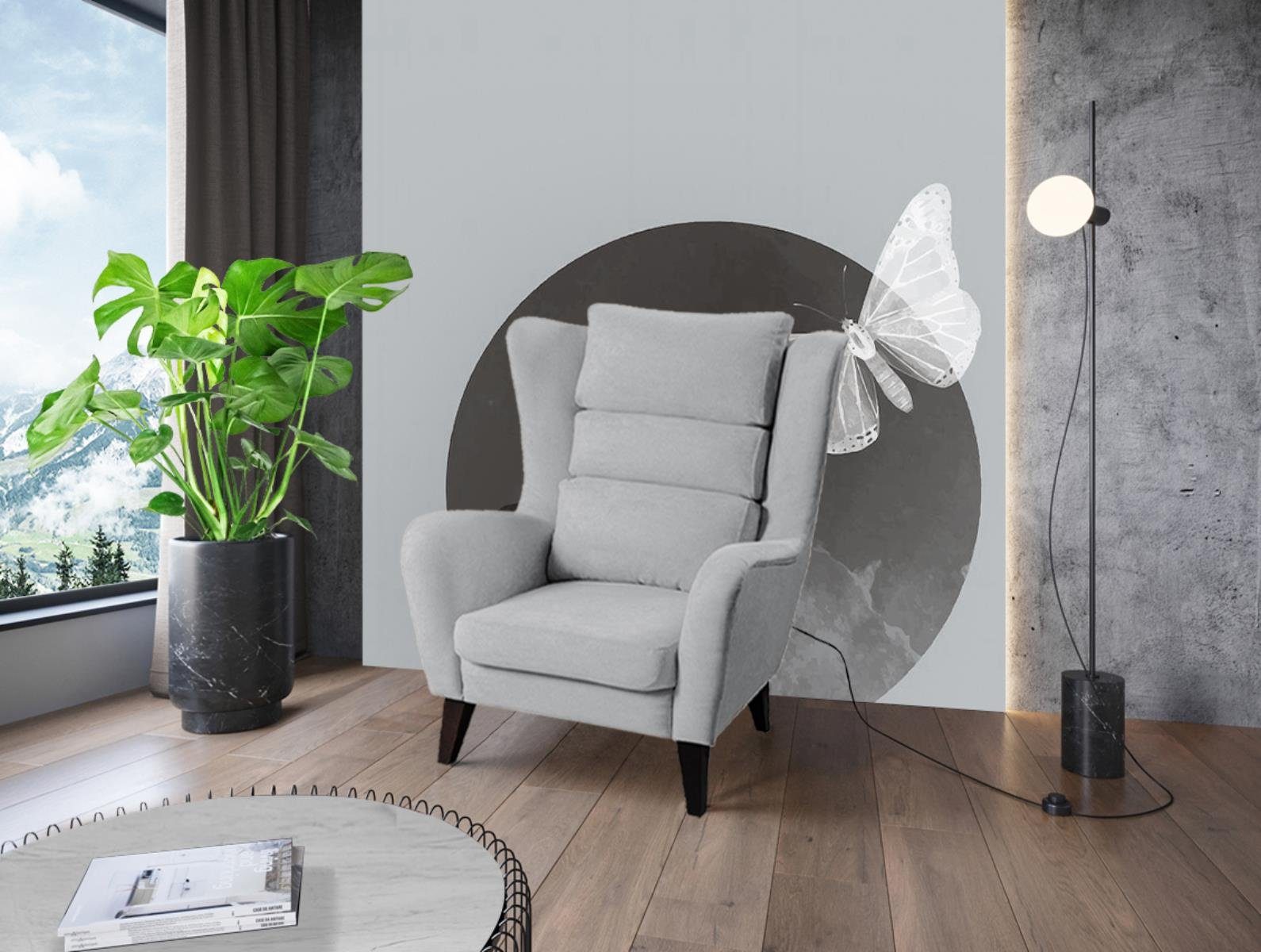 (Loungesessel Velvetstoff), (Buche Hellgrau Sessel 244) Beautysofa Holzbeine Atlas aus Relaxsessel (mono Polstersessel mit Wohnzimmer, oder Wenge) für