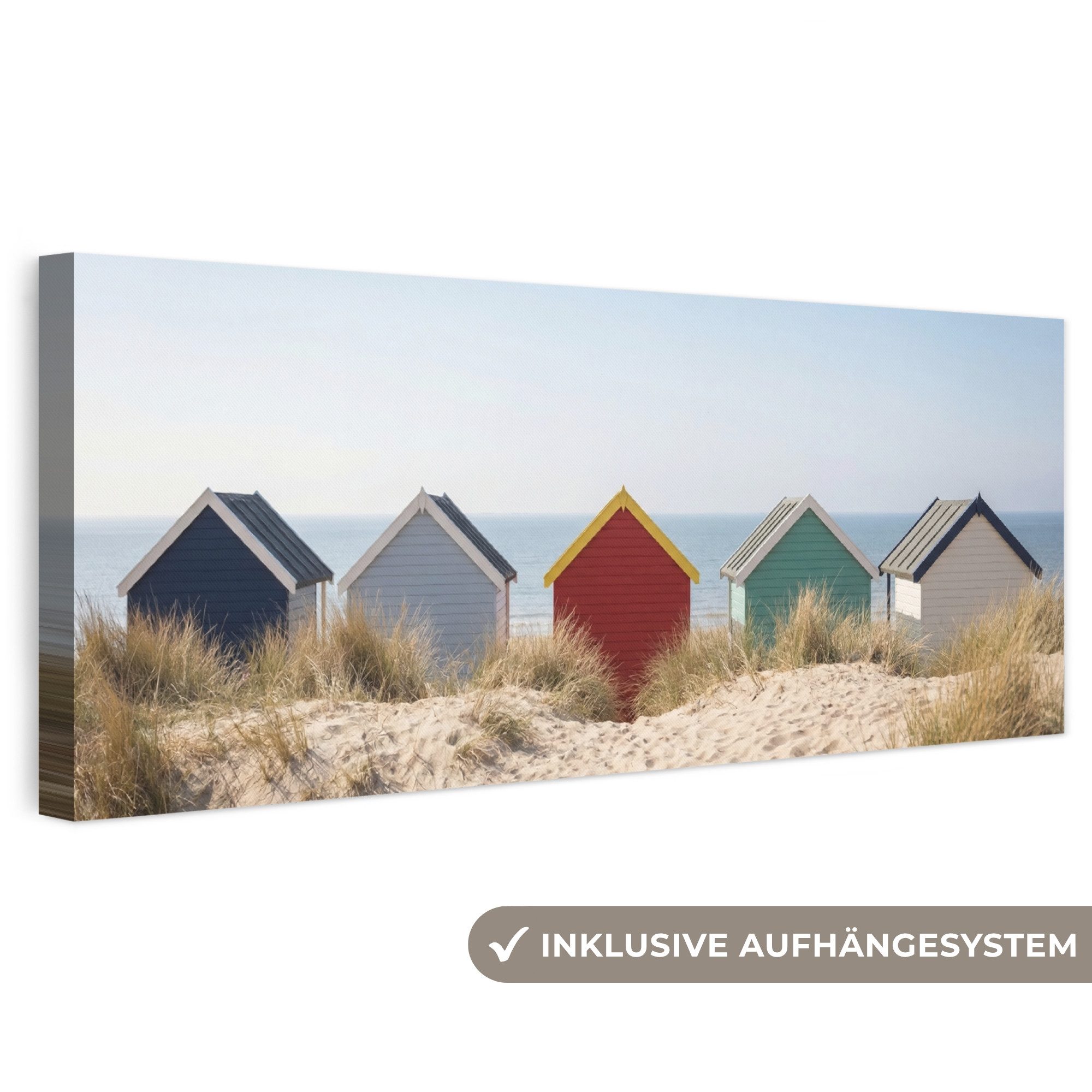 OneMillionCanvasses® Leinwandbild Panorama Strand - Ferienhäuser - Farbenfroh - Dünen, Fotodruck (1 St), Wandbild, Deko Schlafzimmer Wohnzimmer Flur 60x20 cm