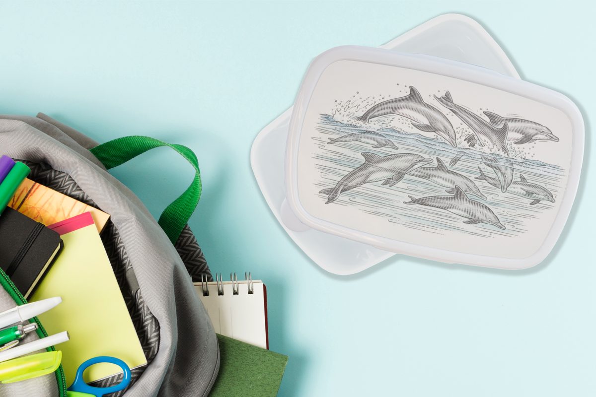 Jungs - (2-tlg), für Wasser - Brotbox für MuchoWow Delfine Kunststoff, Erwachsene, Tiere, und Mädchen weiß Brotdose, Kinder Lunchbox und
