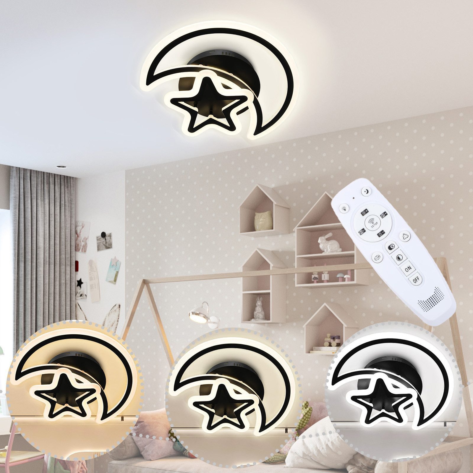 Ophy Deckenleuchte Schwarze LED-Deckenleuchte mit Mond & Sternen, dimmbar per Fernbedienung (3000–6000 K), für Wohnzimmer, Schlafzimmer & Küche