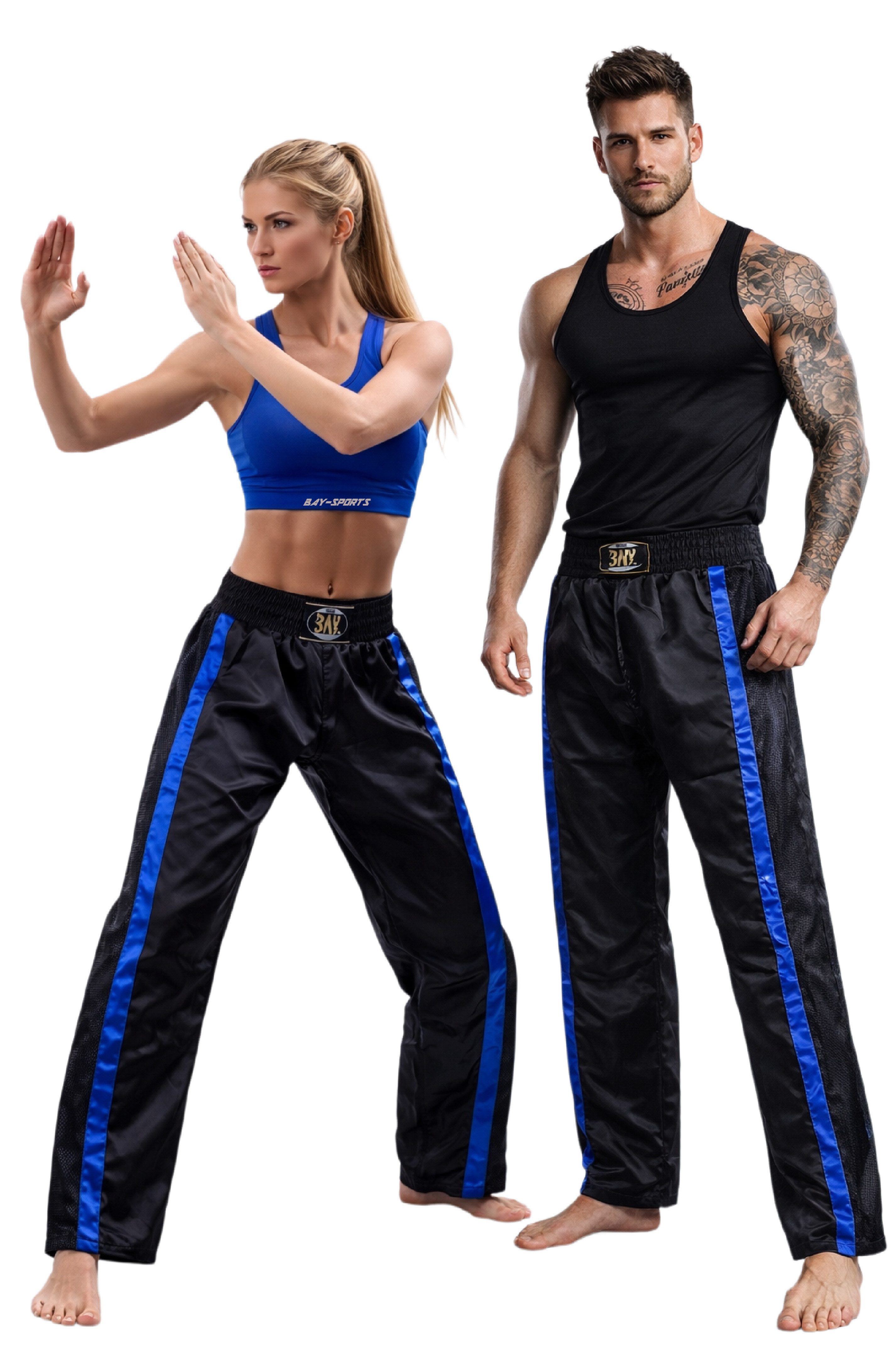 BAY-Sports Sporthose Kickboxhose NETZ-MESH Mesh Netzeinsatz Hose lang Kickboxen Kampfsport lange, leichte, locker sitzende Trainingshose, Schwarz/Blau