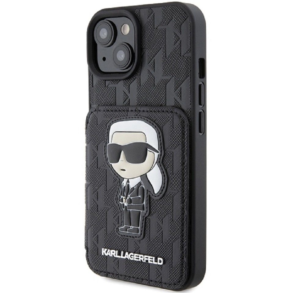 KARL LAGERFELD Handyhülle Case iPhone 15 aufstellbar Figur Kunstleder schwarz Logo 6,1 Zoll, Kantenschutz
