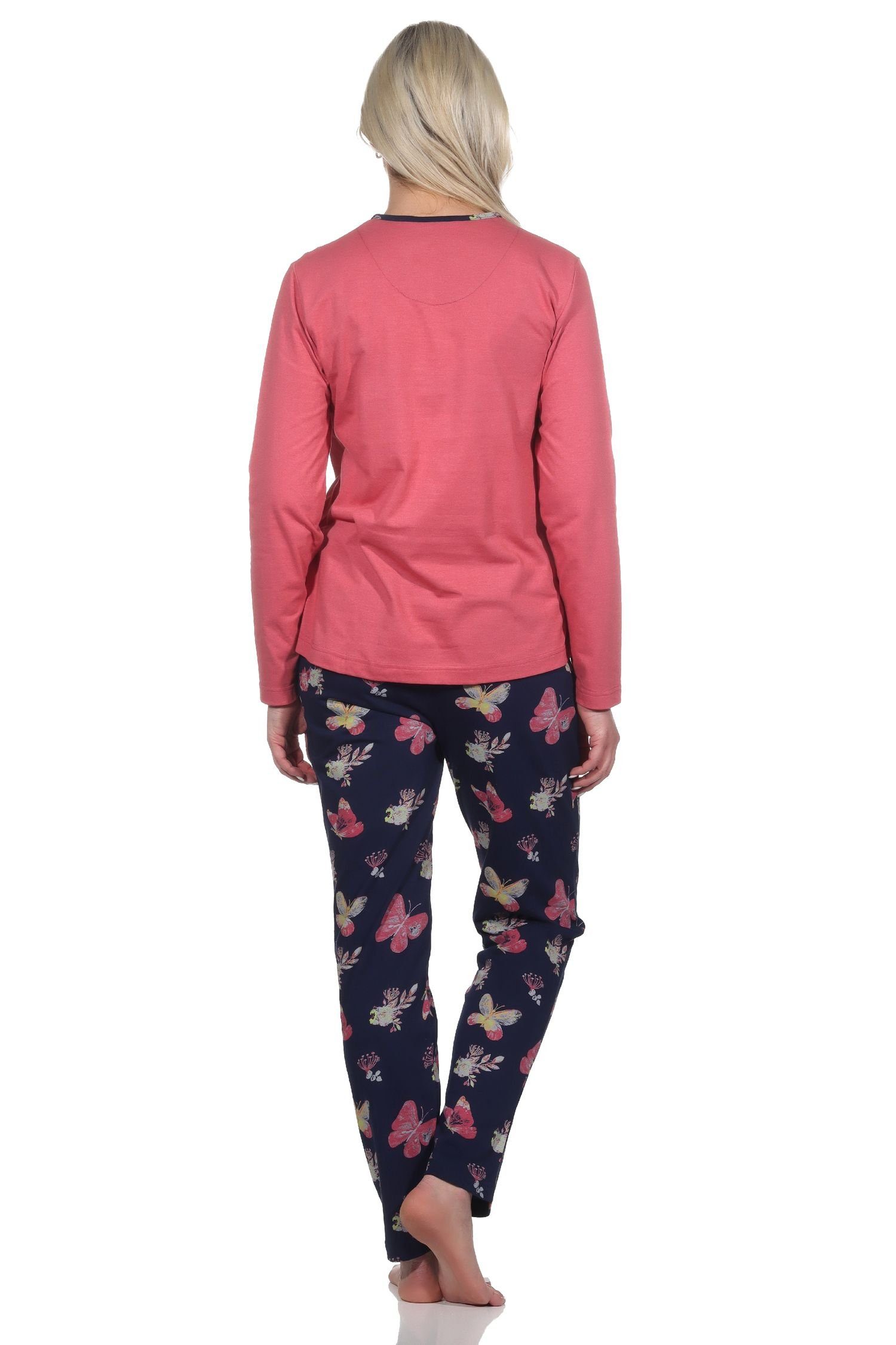 Schlafanzug Damen Übergröße Normann rot mit in Schmetterlingsmotiv auch langarm - Pyjama