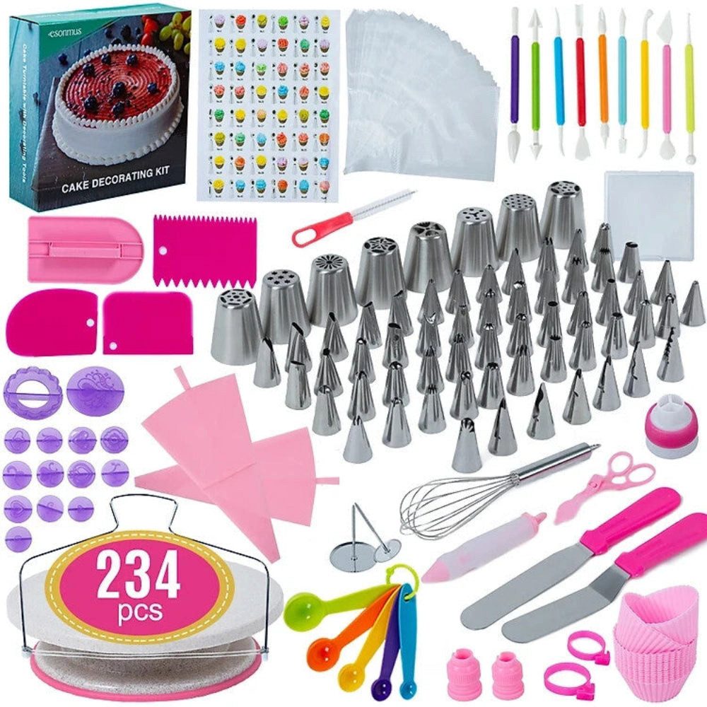 Zengi Spritztüllen Tortendekorations-Set 234-teilig 48 Edelstahl-Spritztüllen Drehteller, (Set, 234-tlg., mit 48 Edelstahltüllen, Drehteller, Spritzbeuteln und Spateln), 48 nummerierte Tüllen, Drehteller, Spritzbeutel, Spatel, Blumenzubehör