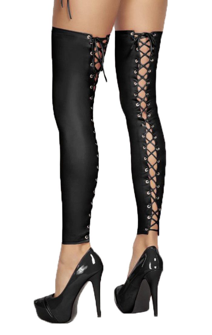 7Heaven Halterlose Strümpfe Schwarze Dessous Strümpfe Bein-Stulpen mit Schnürung aus wetlook Mater