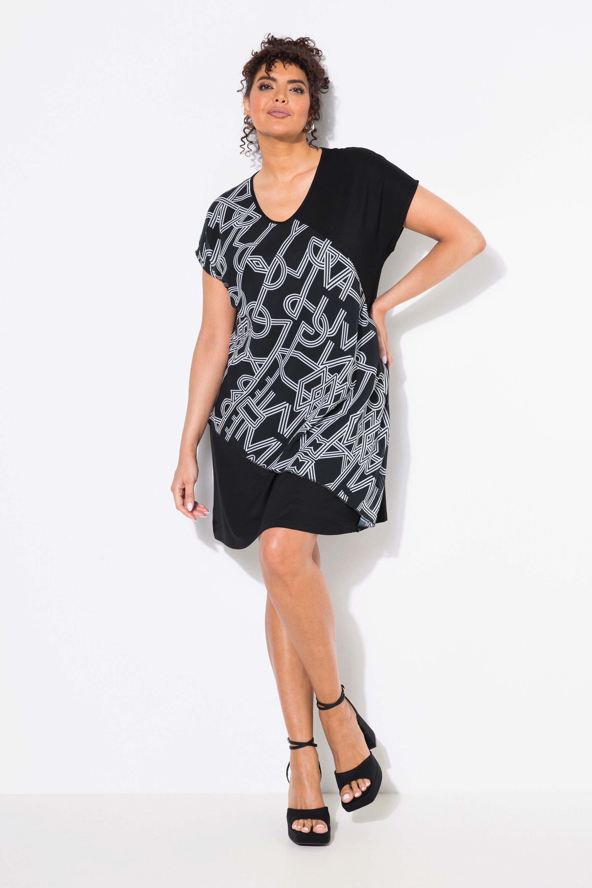 Ulla Popken Minikleid Jerseykleid Chiffon-Überwurf V-Ausschnitt günstig online kaufen