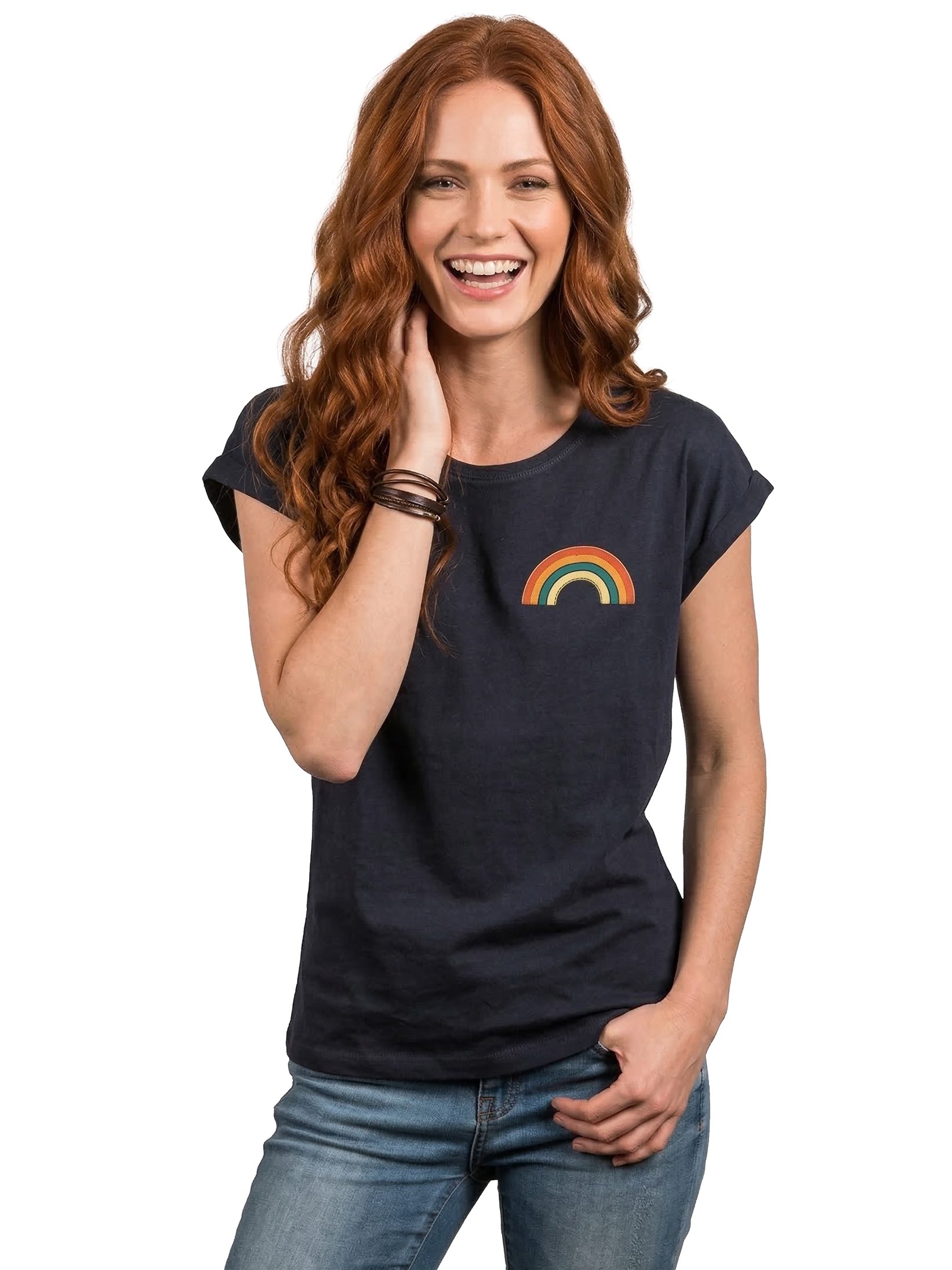 MAKAYA T-Shirt mit Regenbogen Damen Top Rainbow Sommer Tunika Stylisch Elegant (Schwarz, Blau, Grau, Grün, Rosa, Weiß, 36, 38, 40, 42, 44, 46, 48, 50) Baumwolle