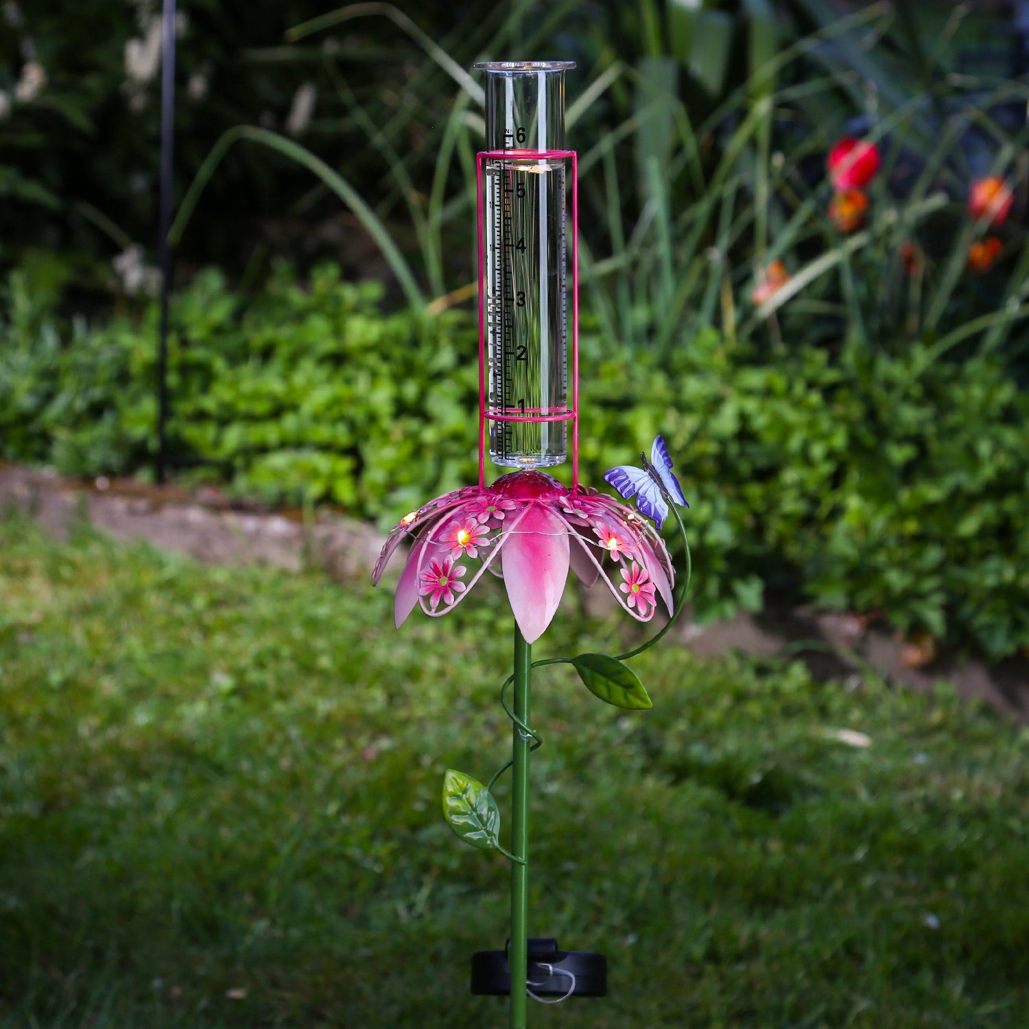 MARELIDA LED Solarleuchte LED Solar Regenmesser Schmetterling rosa Blume Gartenstecker 84cm, LED Classic, warmweiß (2100K bis 3000K)