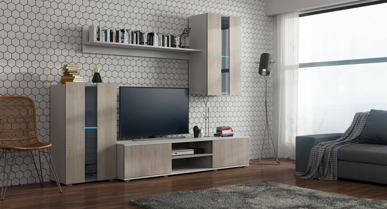 JVmoebel Wohnwand, Set Modern Schrank Wohnwände Modern Regal Wohnzimmer Vitrinen Wohnwand Stil 4tlg Grau/Beige