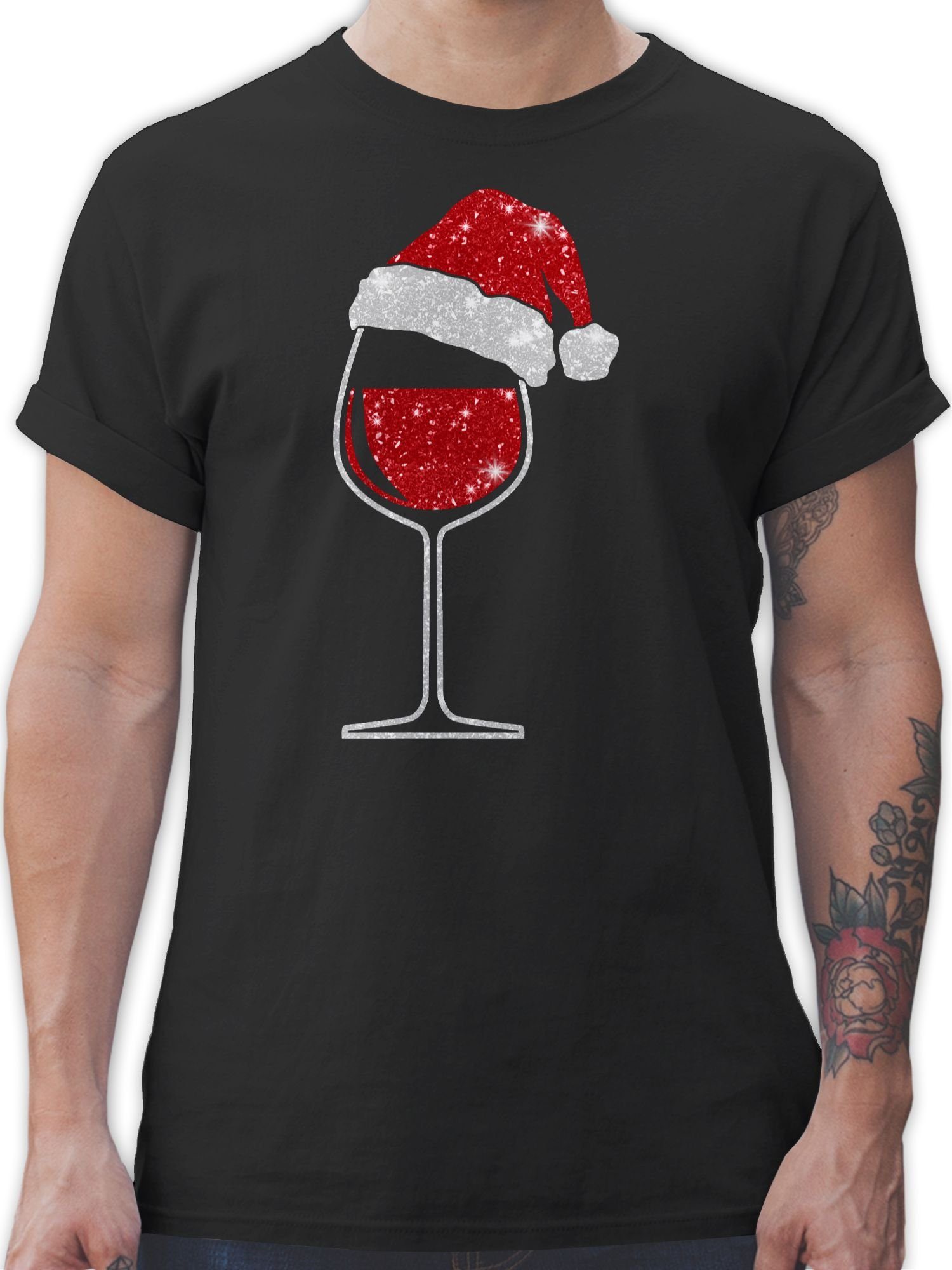 Shirtracer T-Shirt Weinglas mit Weihnachtsmütze Weihachten Kleidung 01 Schwarz
