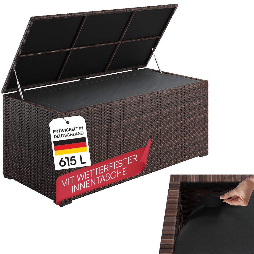 STEELSØN Aufbewahrungsbox Serion XXL-Gartenbox aus Polyrattan 615 Liter (braun/anthrazit), herausnehmbare Innenplane, wetterfeste Auflagenbox mit Metallgestell