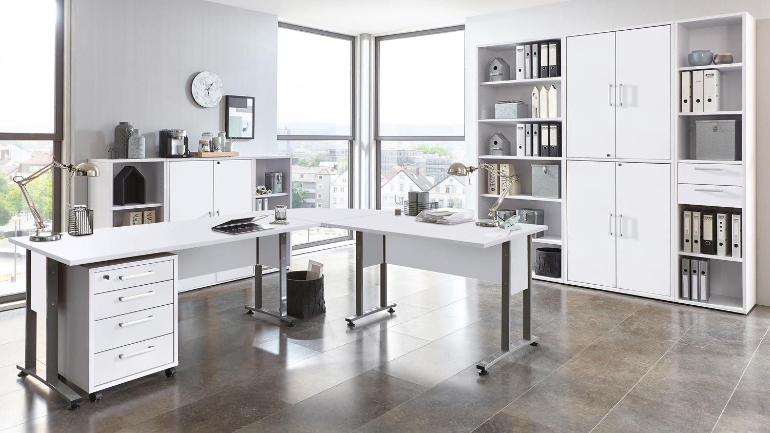 FMD Büromöbel-Set Arbeitszimmer Calvia Büro Komplettset in weiß abschließbar, (4-tlg)