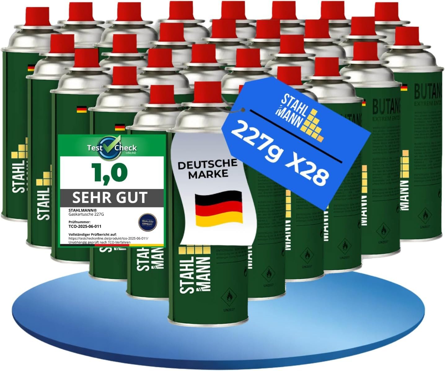 STAHLMANN COMMERCE GmbH Gaskartusche Gaskartuschen 28x 227 g [Made in EU] Butangas MSF-1a Ventil EN417, Zubehör für Gaskocher,Unkrautbrenner,Gasbrenner,Campingkocher, 28 St., 28 x 227 g · Made in EU · MSF-1a Ventil · EN417