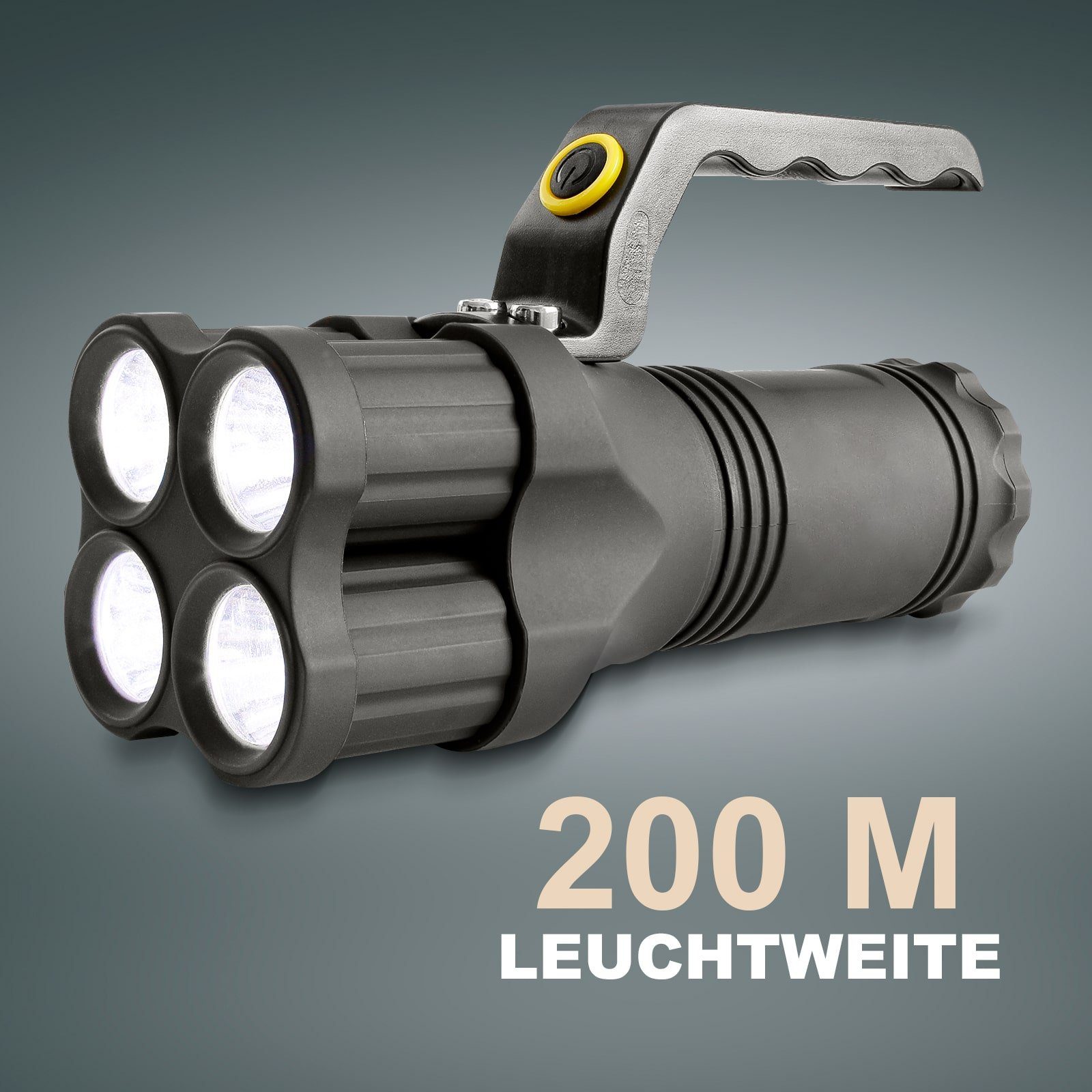 EAXUS LED Taschenlampe Leuchtstarker Handstrahler/Handscheinwerfer mit Griff (1-St), Extrem Hell, 200m Reichweite, 3 Leuchtmodi, Spritzwassergeschützt