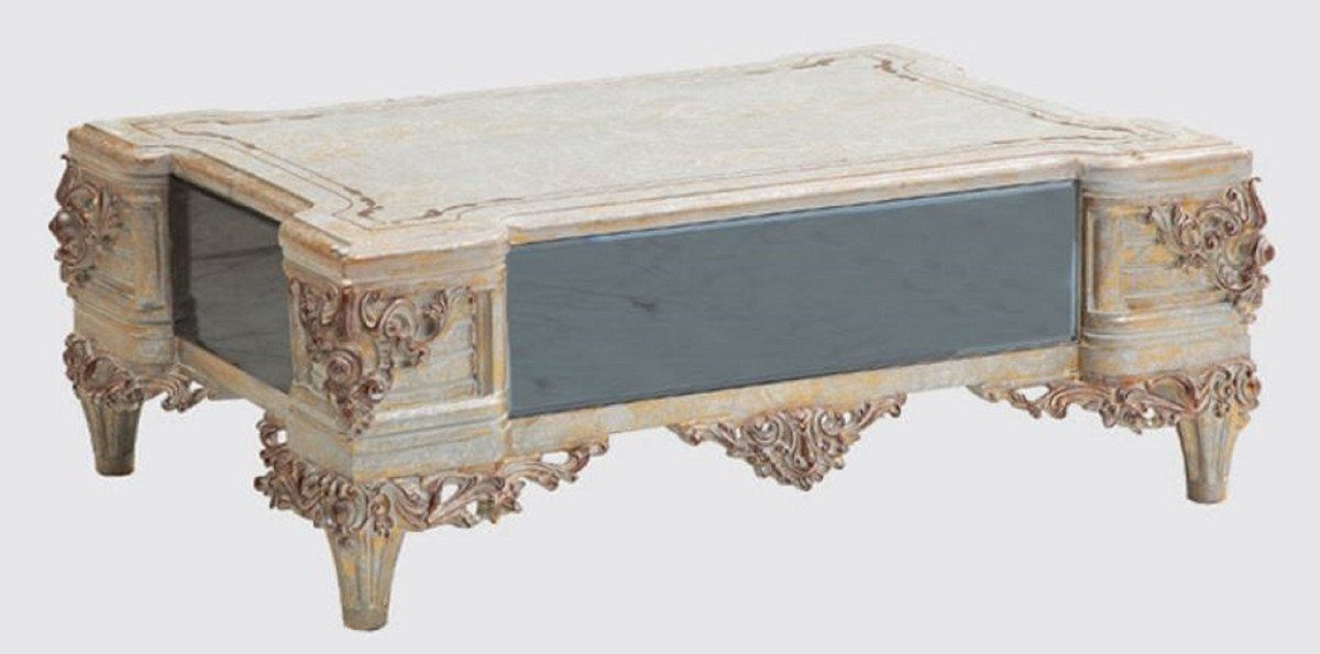 Casa Padrino Wohnzimmertisch Luxus Barock Wohnzimmertisch Creme / Kupfer / Blau / Gold 120 x 85 x H. 45 cm - Edler Massivholz Couchtisch im Barockstil - Barock Möbel