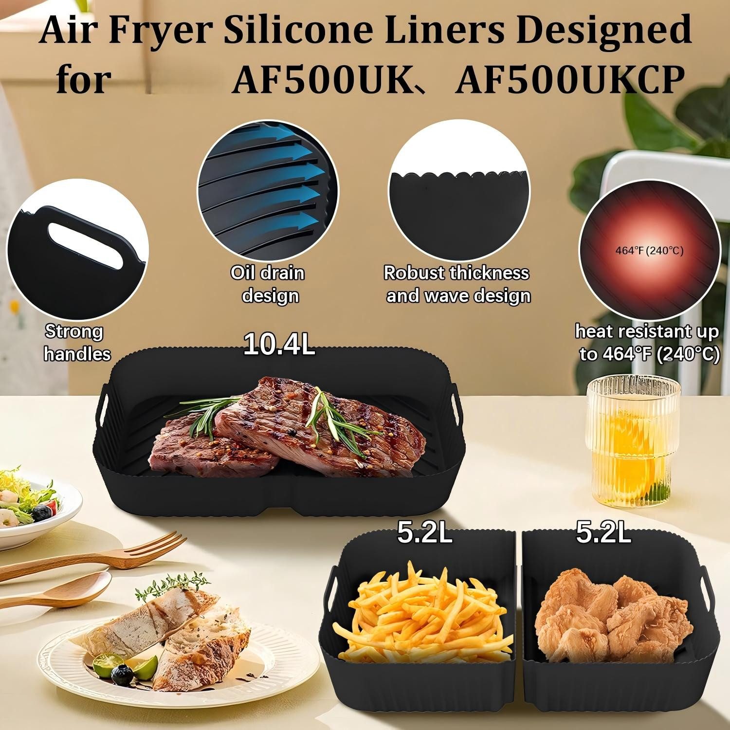Refined Living Backform Airfryer Zubehör,Heißluftfritteuse Zubehör Set,Silikonformen,BPA-frei, (Airfryer Zubehör für AF500EU, Airfryer Set mit Ölsprüher, Heißluftfritteuse Zubehör Set 23-teilig, 100 Blatt Fettfreies BackpapierEdelstahl Rack, Spieße, 2x Ölsprüher Glas Edelstahl 100ml, mit Trichter & Pinsel, Fritteusen Set, Dual-Zone Heißluftfritteuse Zubehör,Olivenöl Sprühgerät, Öl Zerstäuber, Heißluftfritteusen Grillzubehör, Ideal für Pommes, Hähnchen und mehr,Familien und Partys, Langlebig, Vielseitigkeit, Gesund kochen, Keine Fette, keine Öle 23-tlg), für Dual Air Fryer 10,4L AF500EU, AF500EUCP