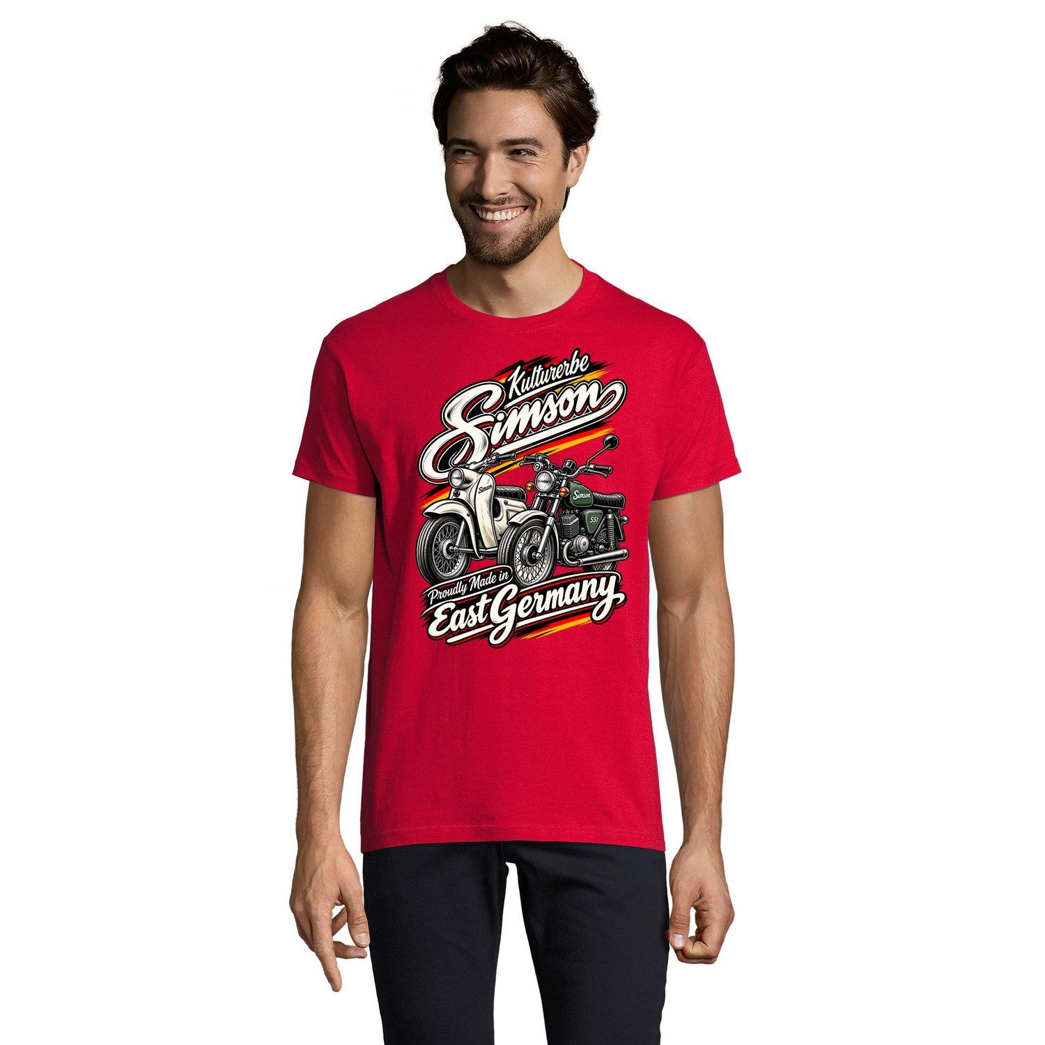 Blondie & Brownie T-Shirt Simson Herren T Shirt mit Schwalbe S51 Frontprint (Einzelartikel) Ostalgische Zweiradklassiker Edition