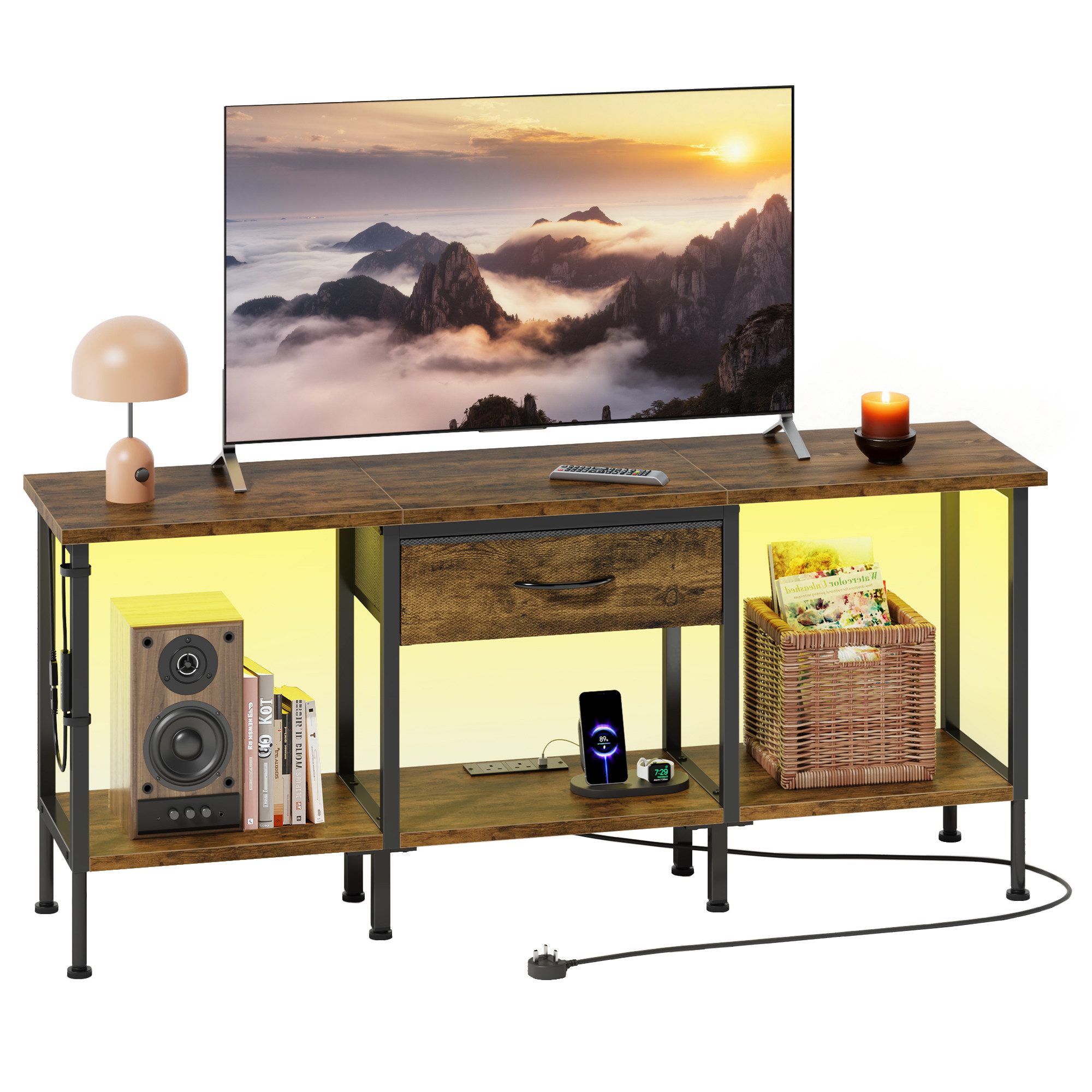 OYRREU TV-Board 120cm, Fernsehschrank mit Kabeldurchlass & Stauraum für Media-Geräte (App-gesteuerte Mehrfarben-LED-Beleuchtung, Fernsehtisch inkl. Kippschutz, USB Steckdosen, Ablagefach, Ausstellungsständer -Sets), Medienkonsole bis zu 65 Zoll, Lowboard mit offenen Fächern