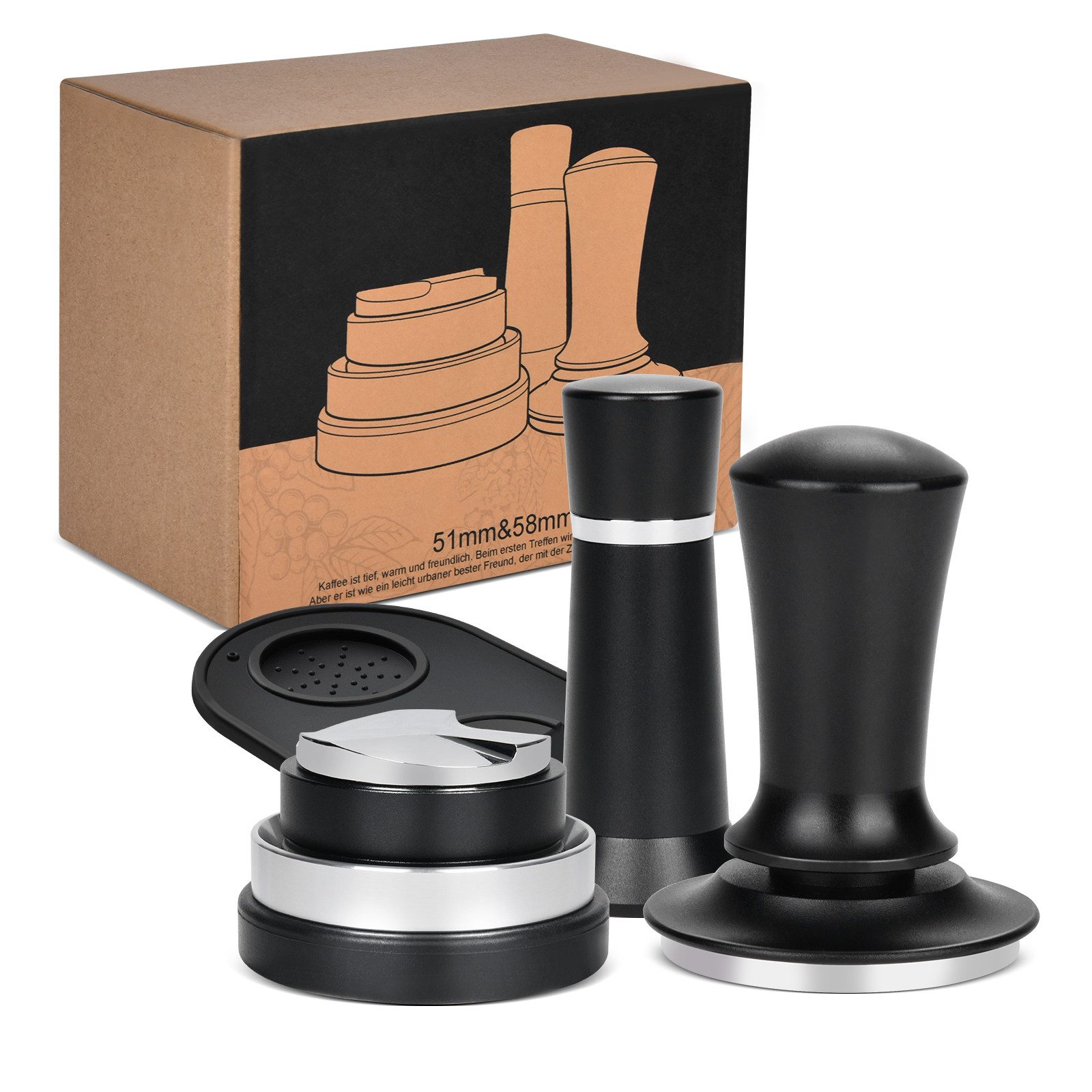 XERSEK Tamper 58mm Edelstahl Kaffeetamper Set mit Tampermatte für Espresso Barista, inkl. Verteiler, Kaffeepulverring, Tamping Matte & Nadel
