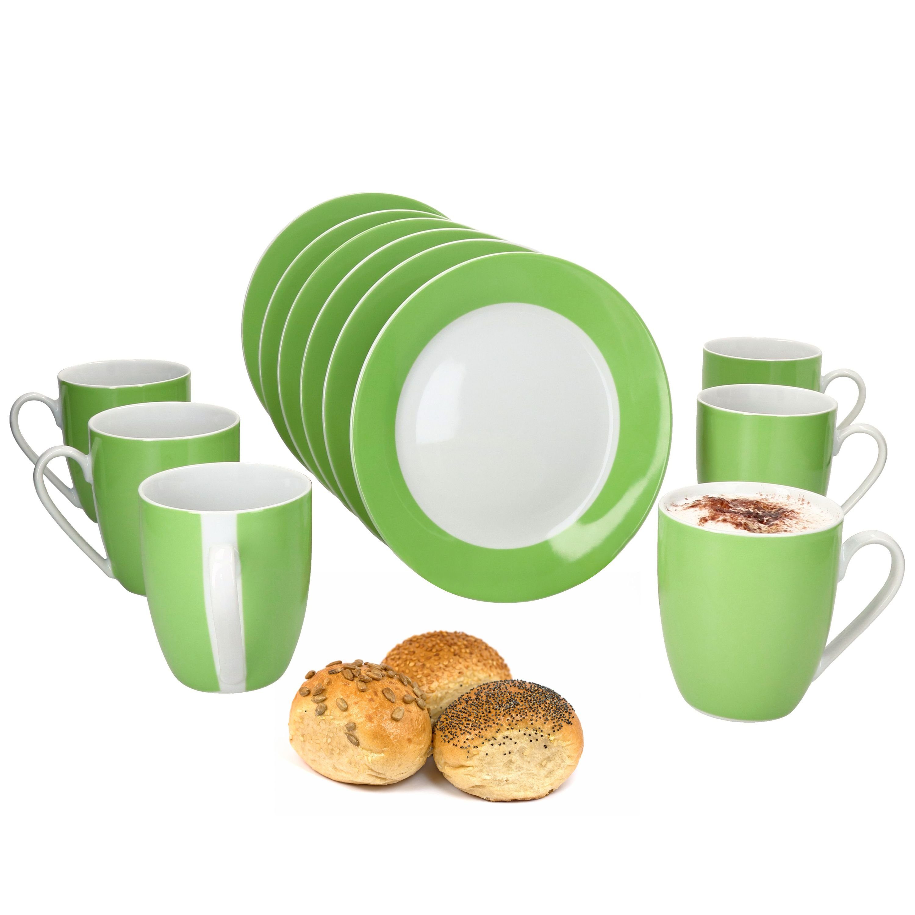 Frühstücks-Geschirrset 12tlg Frühstücksset Variant Grün Porzellan 6 Personen Teller klein