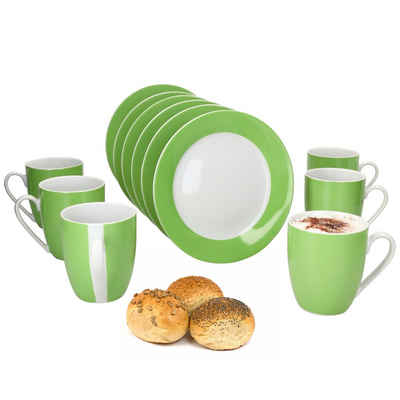 MamboCat Frühstücks-Geschirrset 12tlg Frühstücksset Variant Grün Porzellan 6 Personen Teller klein, Porzellan
