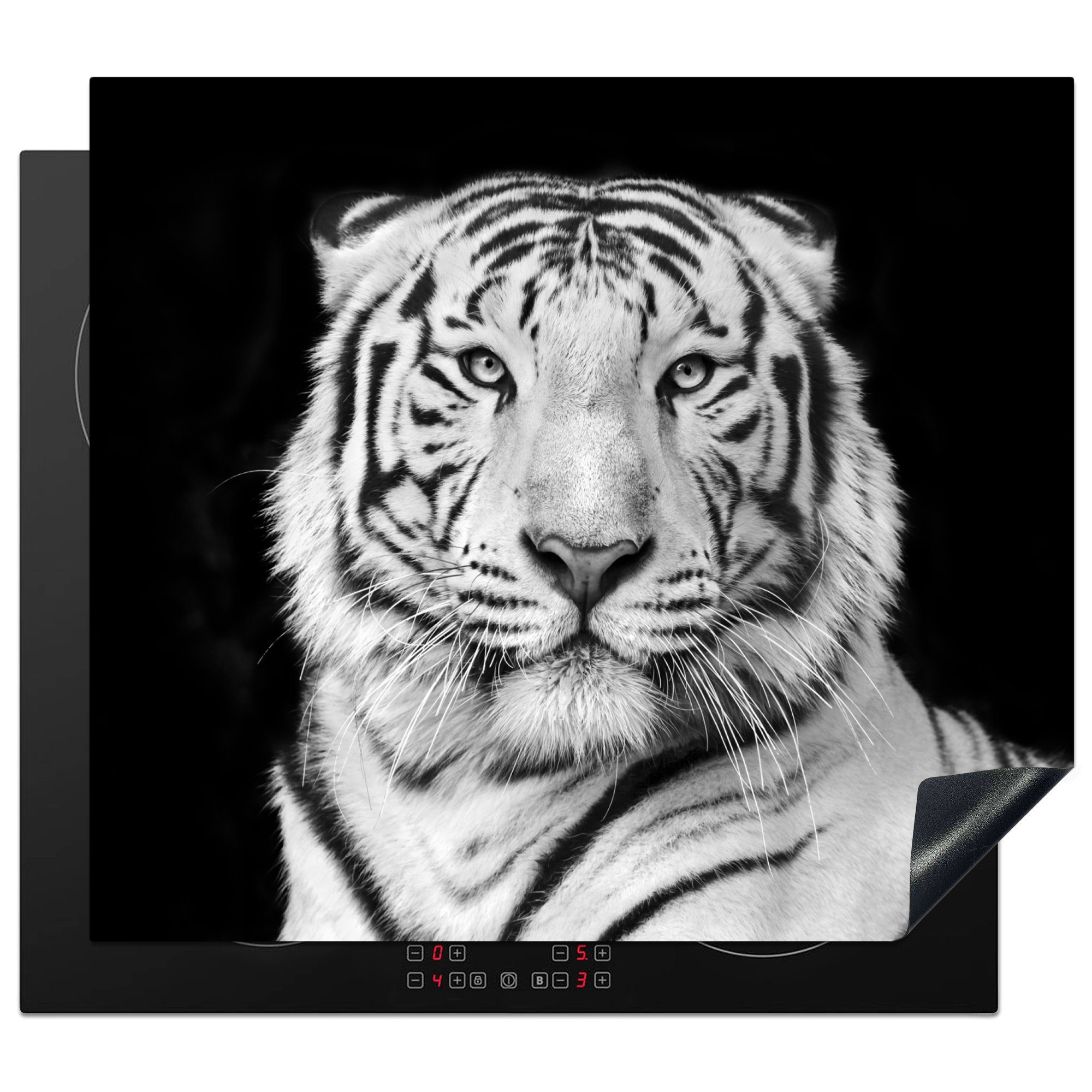 MuchoWow Herdblende-/Abdeckplatte Tiger - Schwarz - Weiß - Porträt - Tiere, Vinyl, (1 tlg), 57x51 cm, Induktionsschutz, Induktionskochfeld, Ceranfeldabdeckung