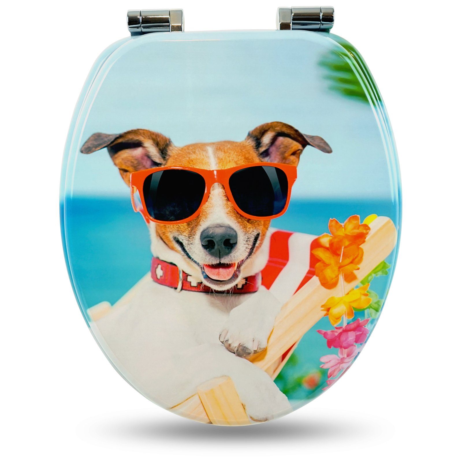Sanfino WC-Sitz "Sonny Dog" Premium Toilettendeckel mit Absenkautomatik aus Holz, mit lustigem Hunde-Motiv, hohem Sitzkomfort, einfache Montage