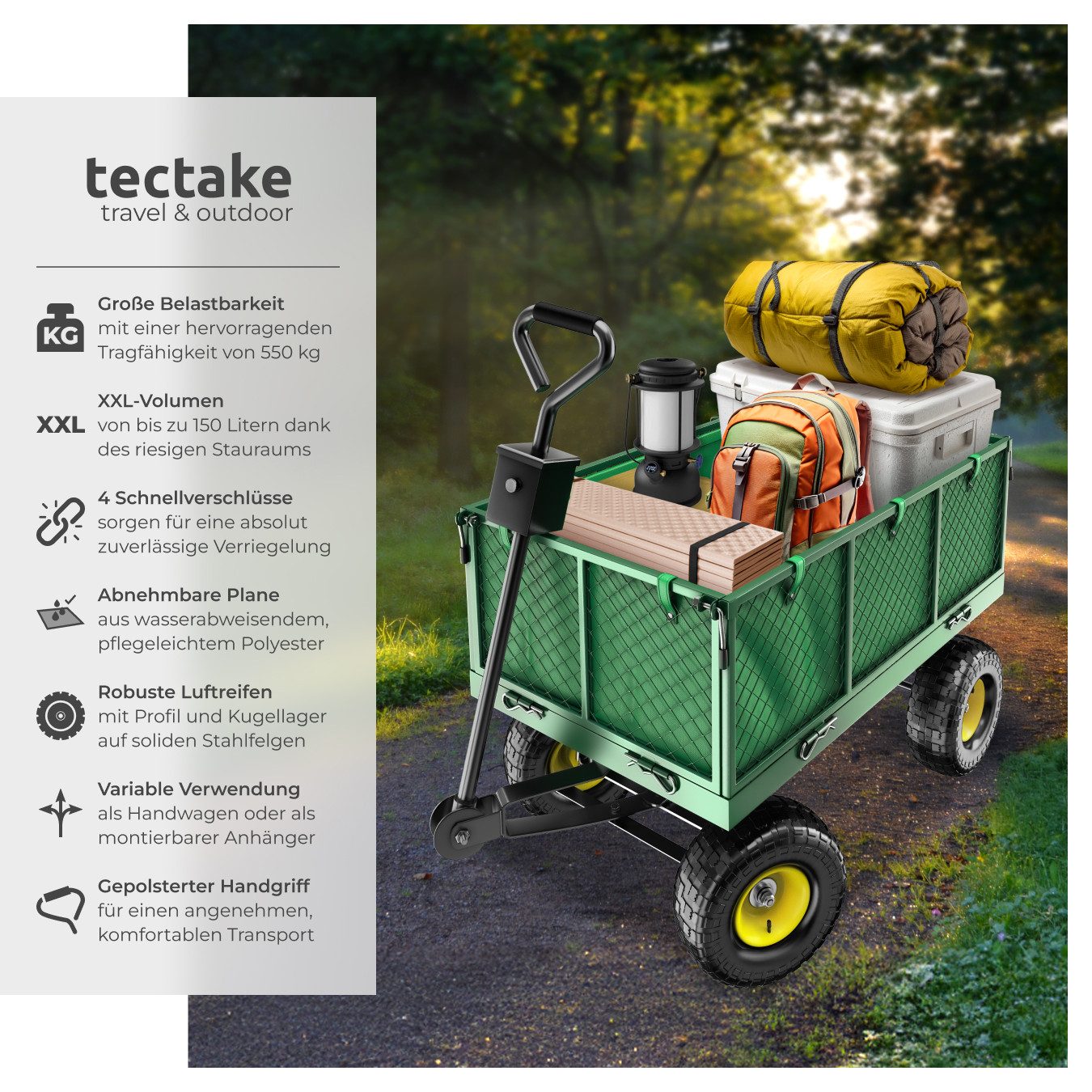 tectake Bollerwagen Faltbarer Handwagen max. 550kg mit klappbaren Seitenwänden (1 Transportwagen, 1-tlg., 150L Volumen in Grün), mit klappbaren Seitenwänden