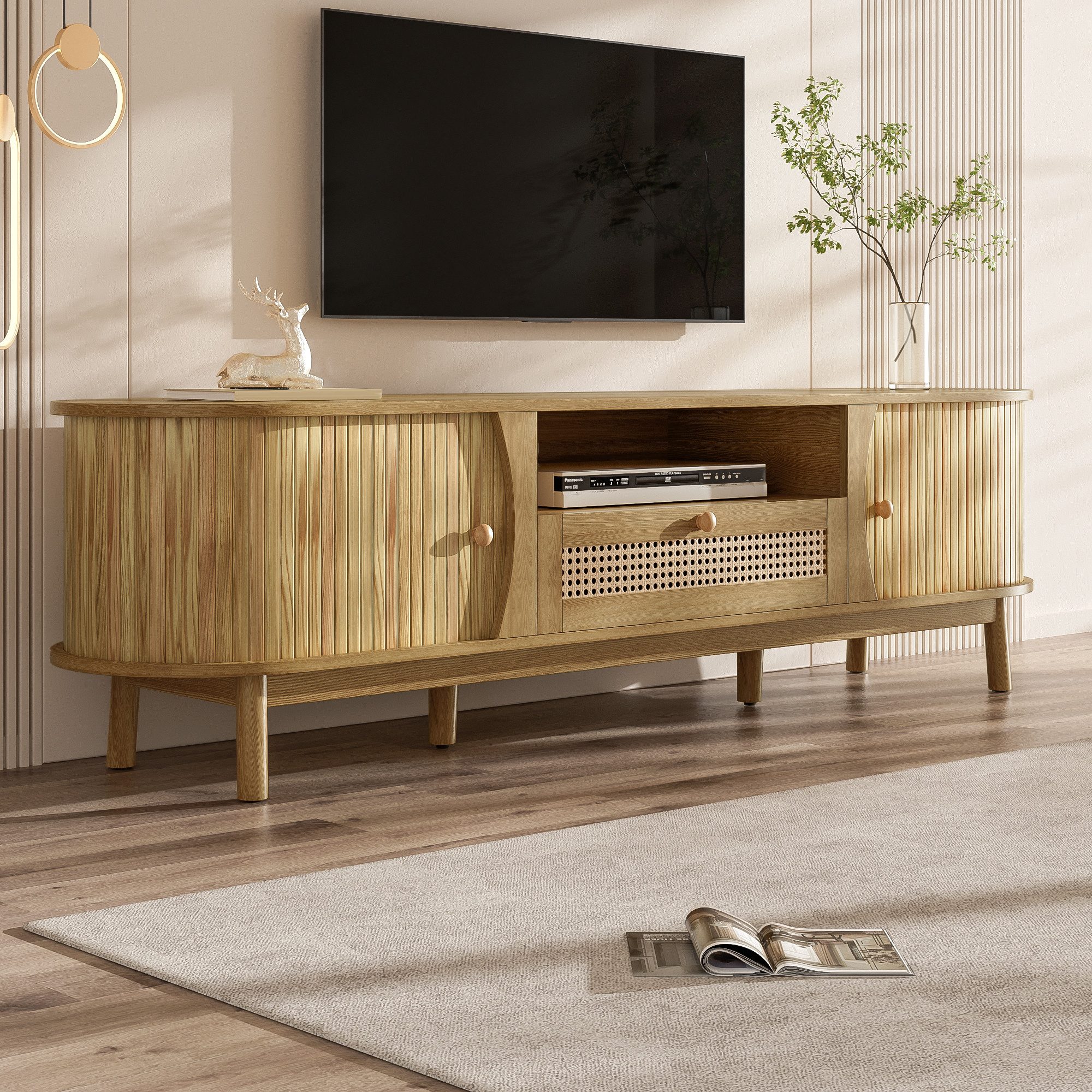 Merax Lowboard mit Schubladen mit Rattan-Oberflächen (Fernsehschrank im Landhausstil, 1 St), TV-Schrank mit 2 Schiebetüren, Staufächern & Holzfüße, 165x37x46cm